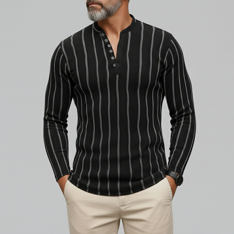 Men's Casual Black Striped Half Button Long Sleeve Henley Shirts