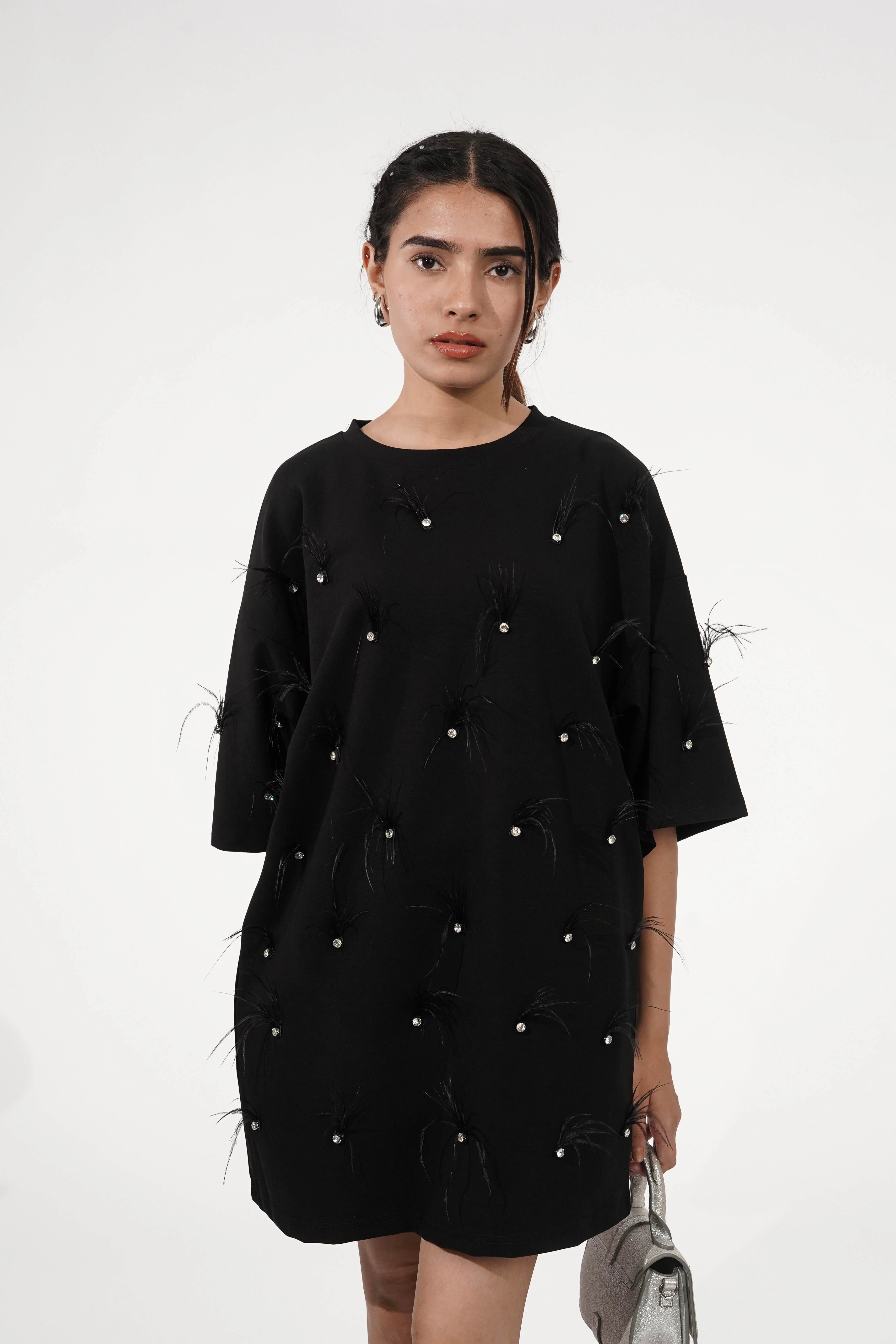 Black Feathered Rhinestone T-shirt