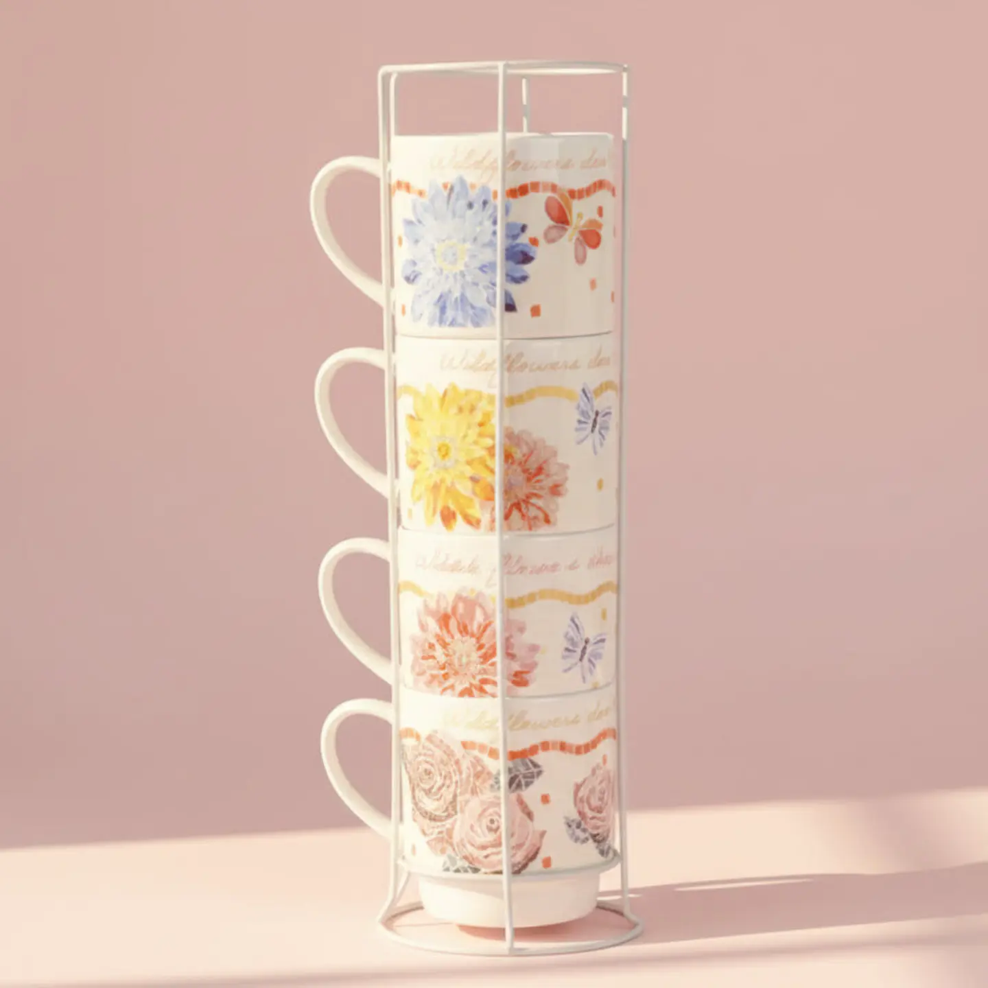 Dolly Parton Mosaic Floral Set of 4 Mugs with Rack