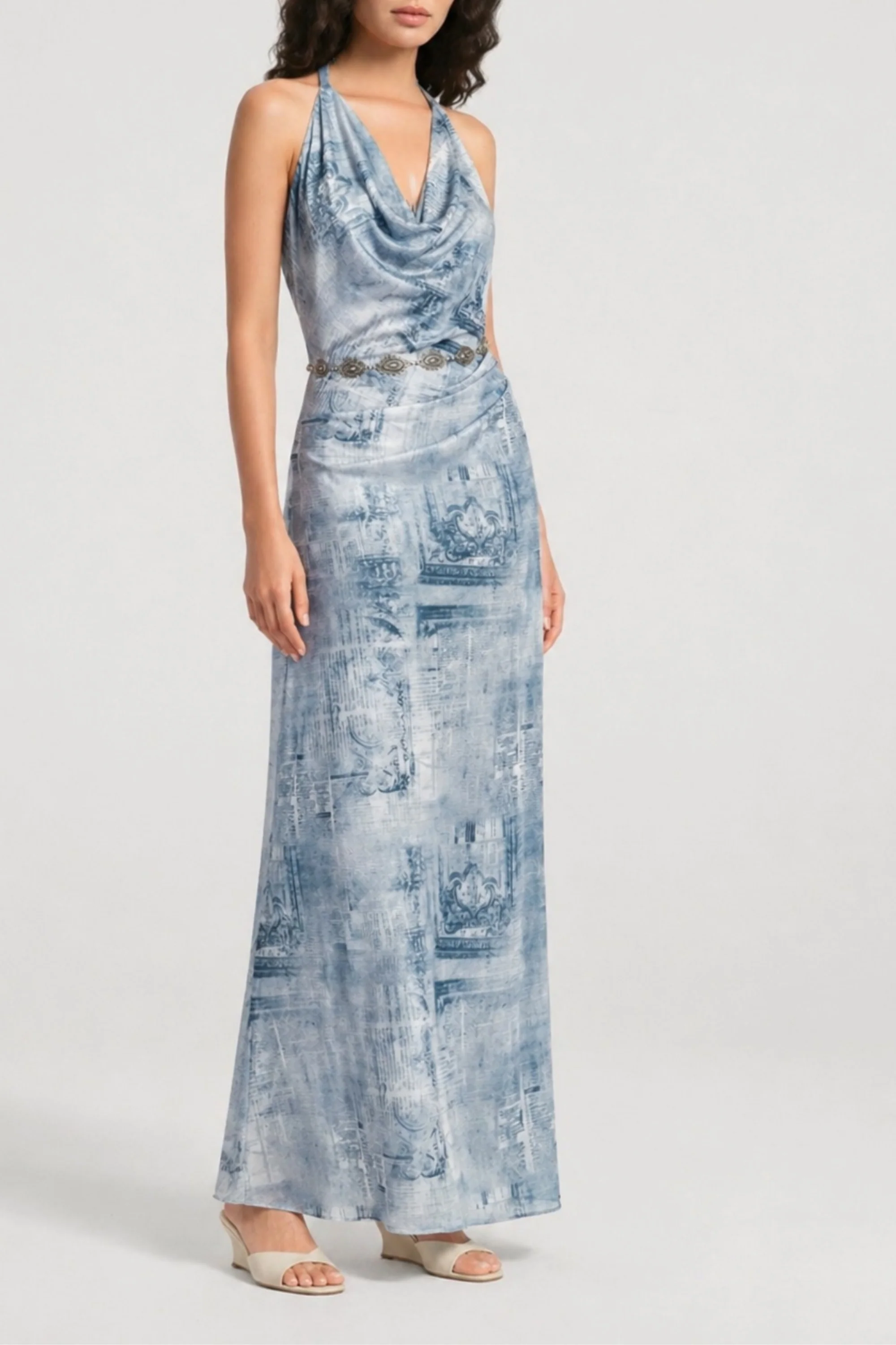Spring Blue Printed Cowl Slip Dress