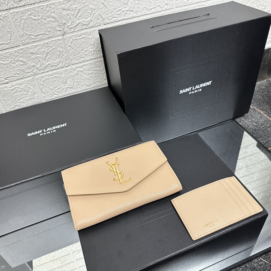 SAINT LAURENT  Grain De Poudre Monogram Uptown Chain Wallet Dark Beige-Gold hardware - Bag