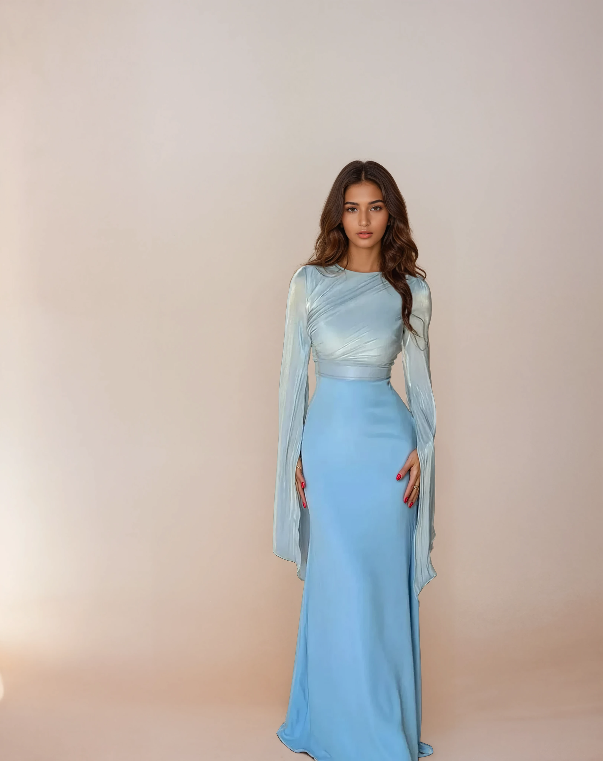Baby Blue Modest Satin Gown with Flowing Split Sleeves – Maxi Length