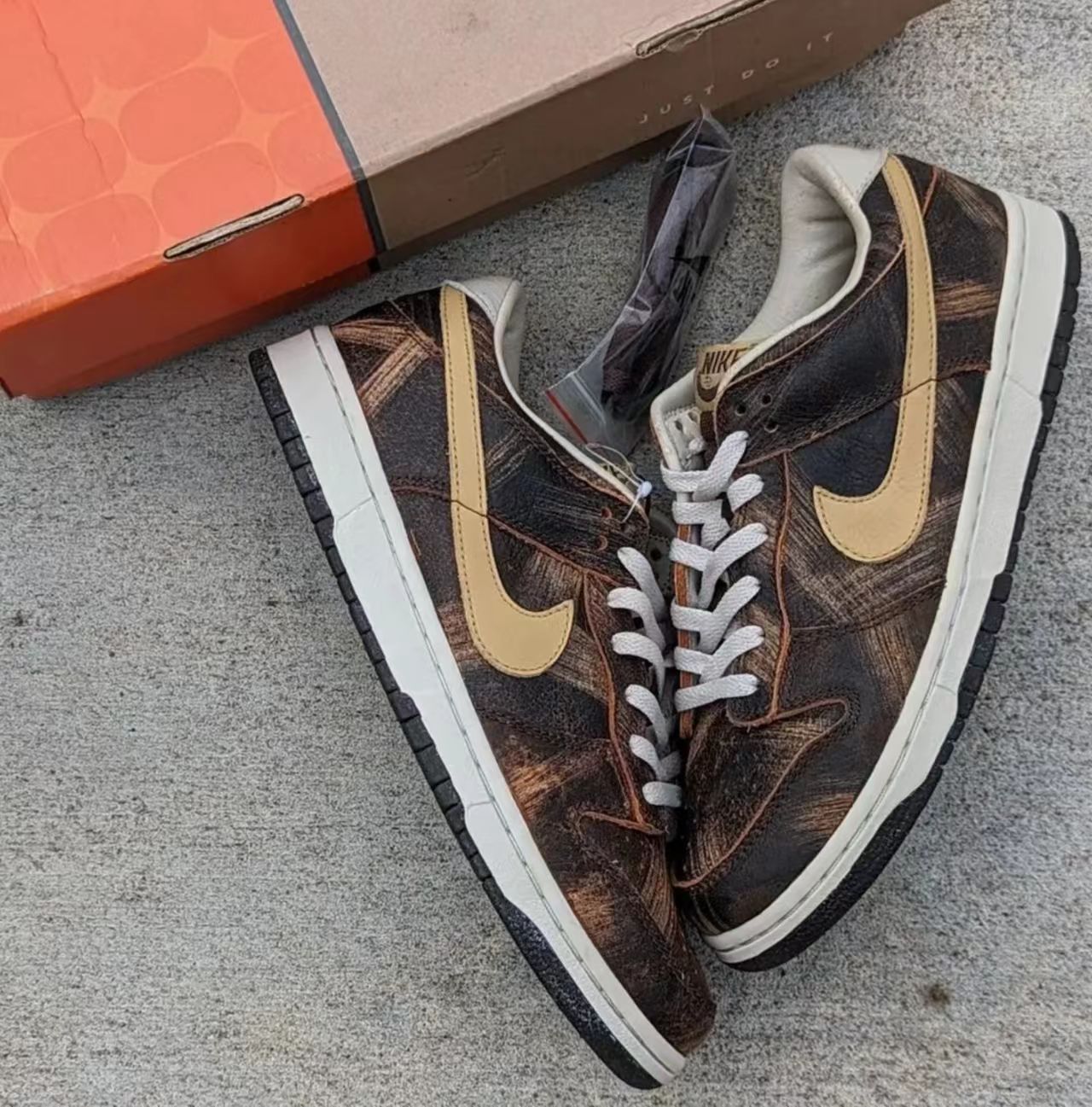 Nike Dunk Low Dark Wood Grain Leather Cream Swoosh