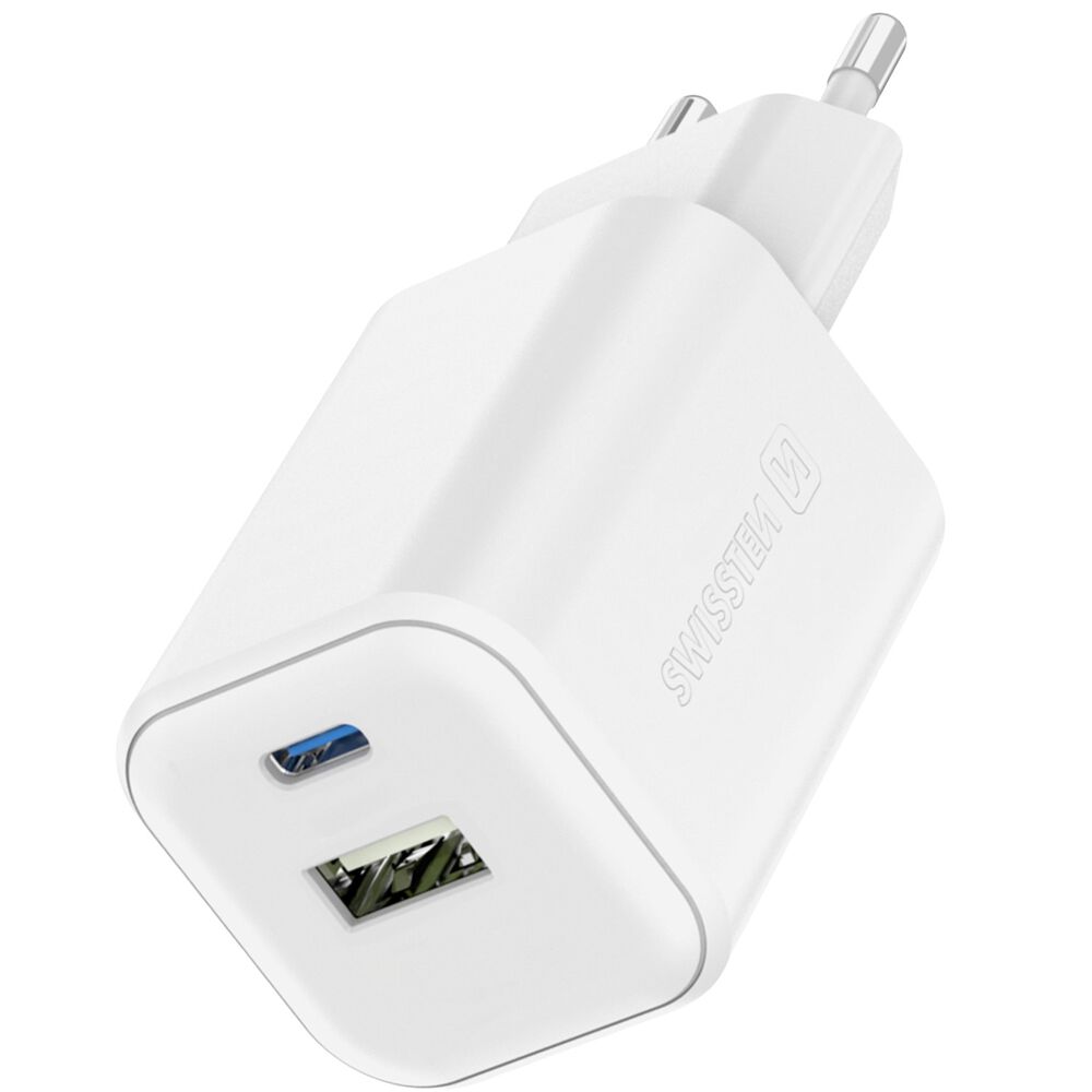 SWISSTENŁadowarka sieciowa Swissten GaN, USB-C PD i USB-A QC, 45 W i 18 W, biała