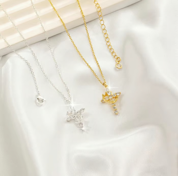 Paved Cross Rotated Crown Necklace