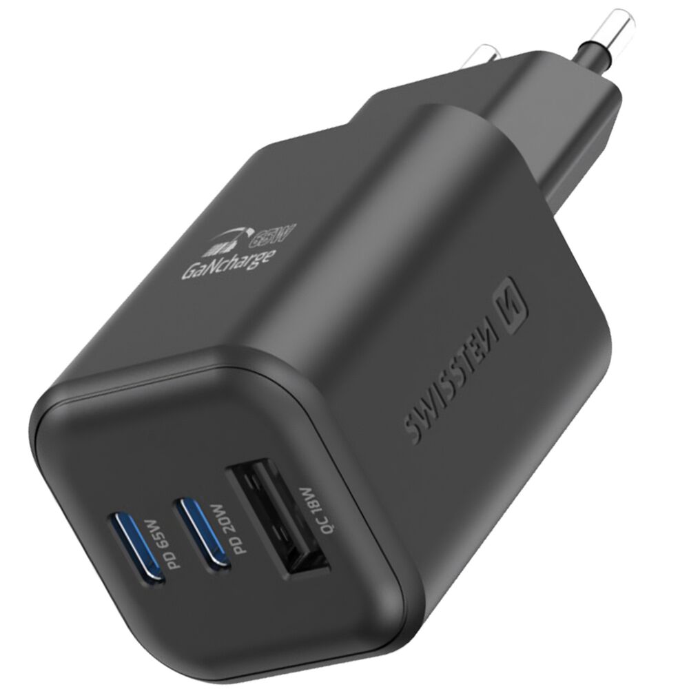 SWISSTENŁadowarka sieciowa Swissten GaN, 2x USB-C PD i 1x USB-A QC, 65 W i 18 W, czarna