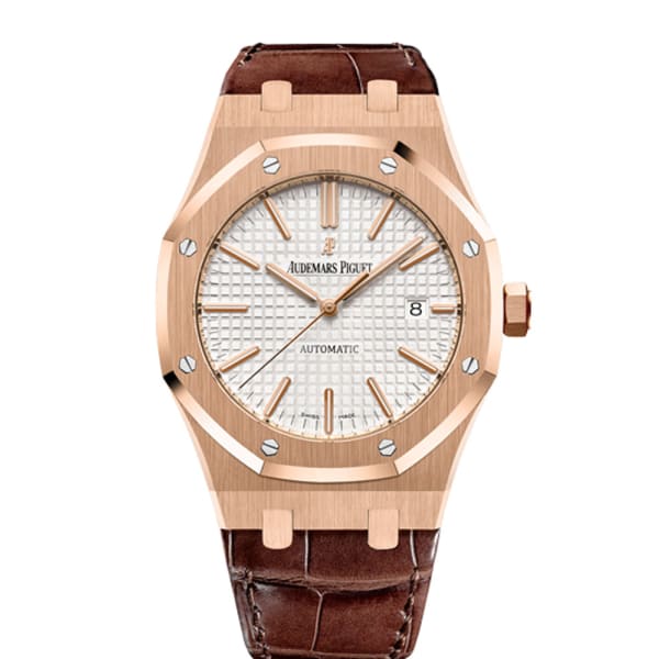 [2026 Mirror Grade]Audemars Piguet Royal Oak Selfwinding Silver-toned dial 41mm Rose Gold Leather Strap Watch