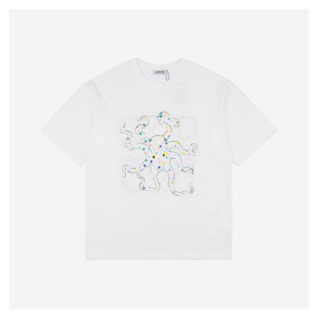 L Colorful Octopus Flower Patch Embroidery T-Shirt (Black/White)