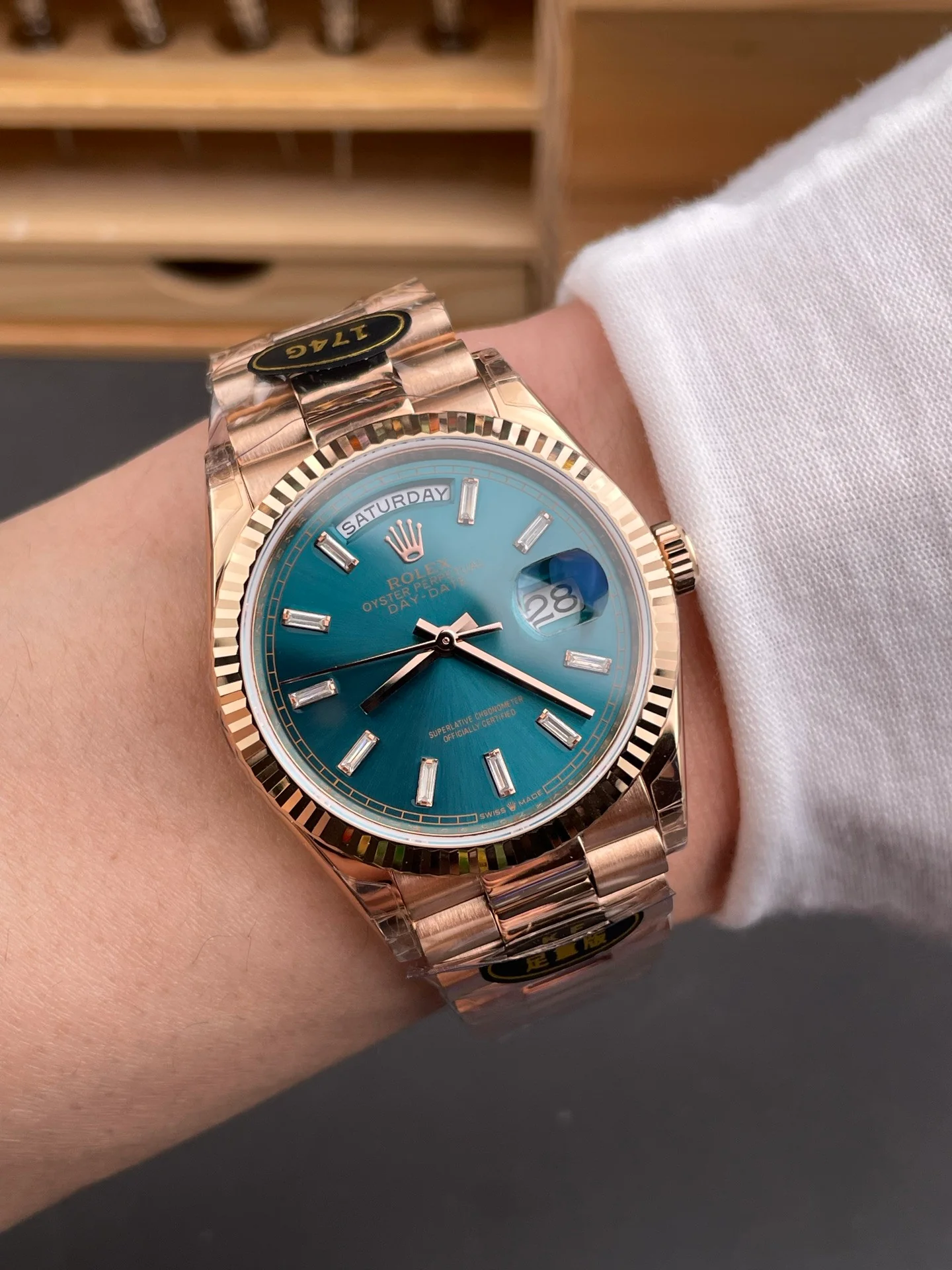 Rose Gold Blue-Green Dial Day-Date
