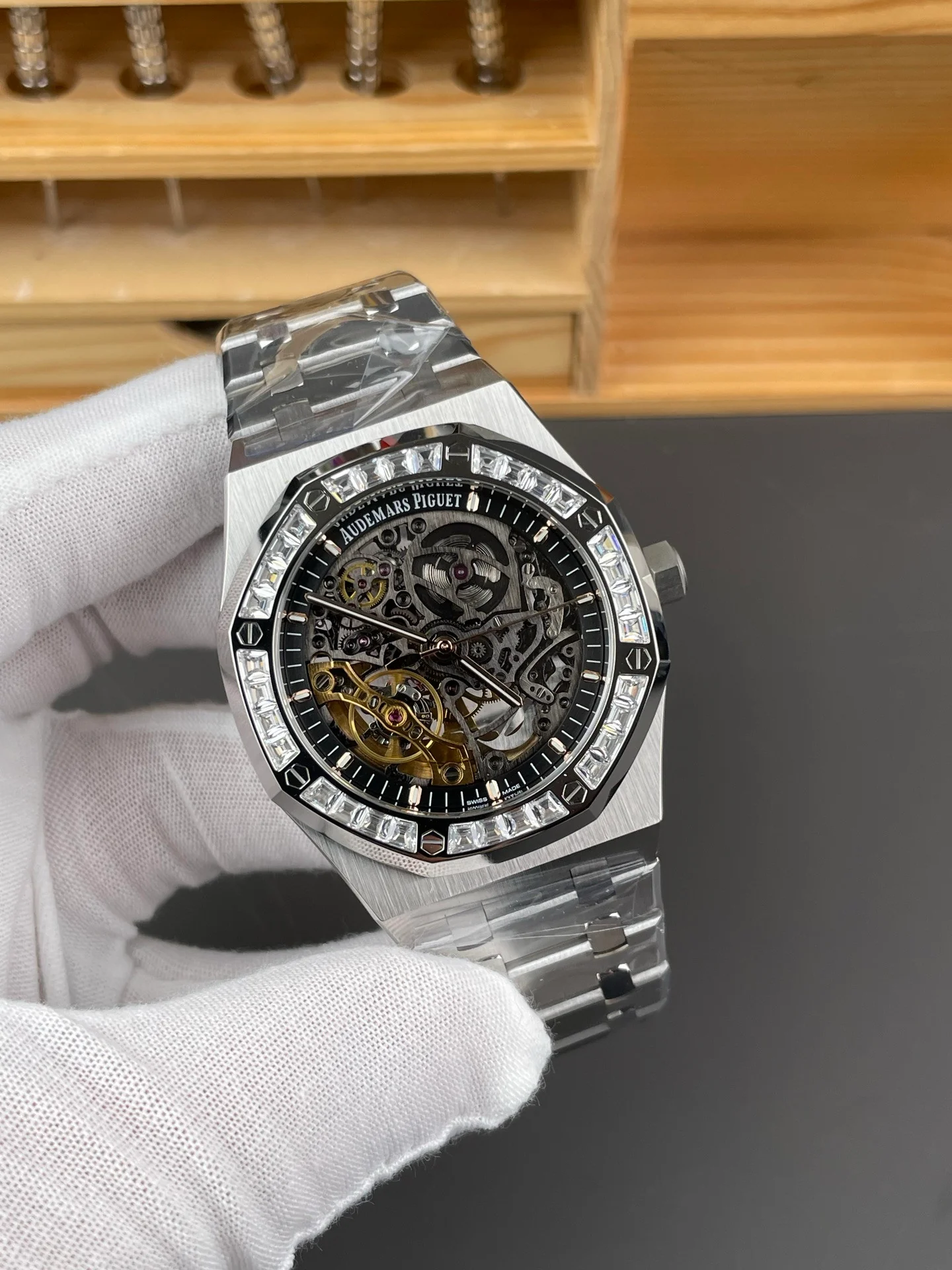 Royal Oak 15412 Square Diamond Bezel White Skeleton