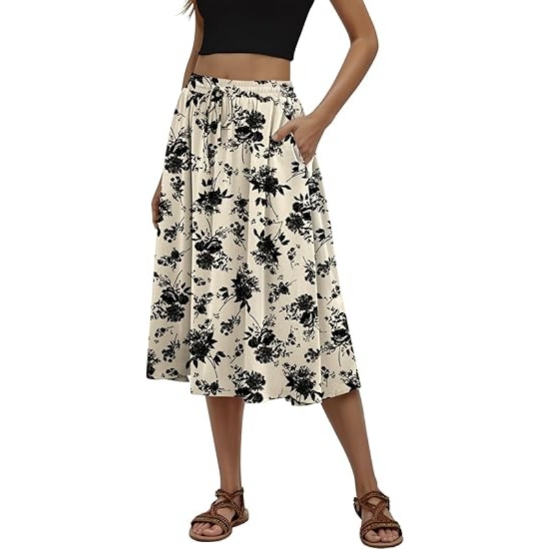 Women's Pleated Elastic High Waist Midi Skirt with Pockets