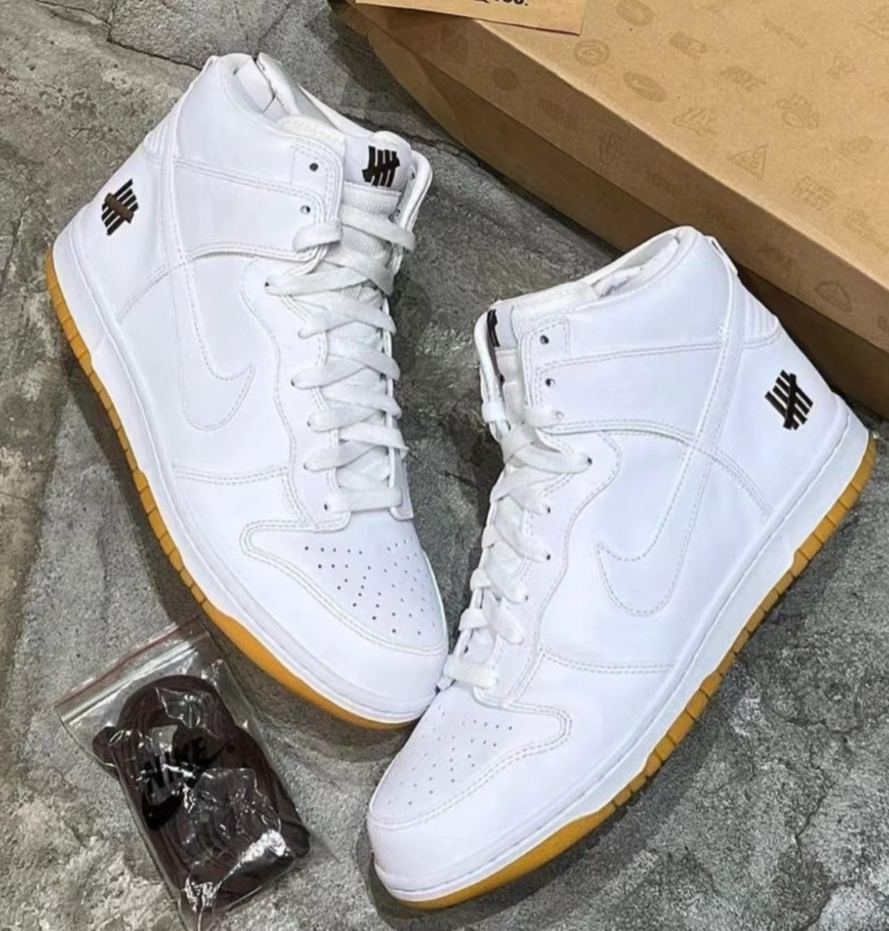 Nike Dunk High Undefeated White Leather Gum Outsole Five Strike Logo