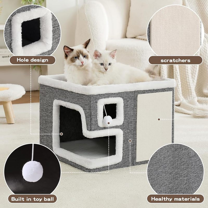 Cat Houses for Indoor Cats, Covered Cave Bed with Scratch Pad and Fluffy Ball, Foldable Cat Hideaway Condo for Large Cats, Modern Kitten Bed, 16.5x16.5x13 inches (Grey, Large)