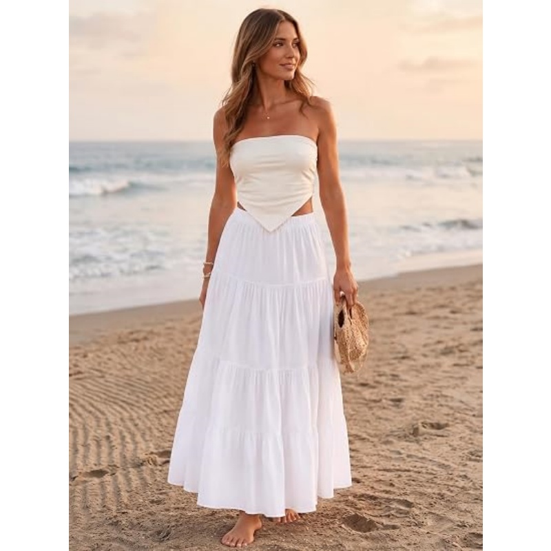 Women's White Boho High Waist Maxi Skirt, Pleated Tiered A‑Line