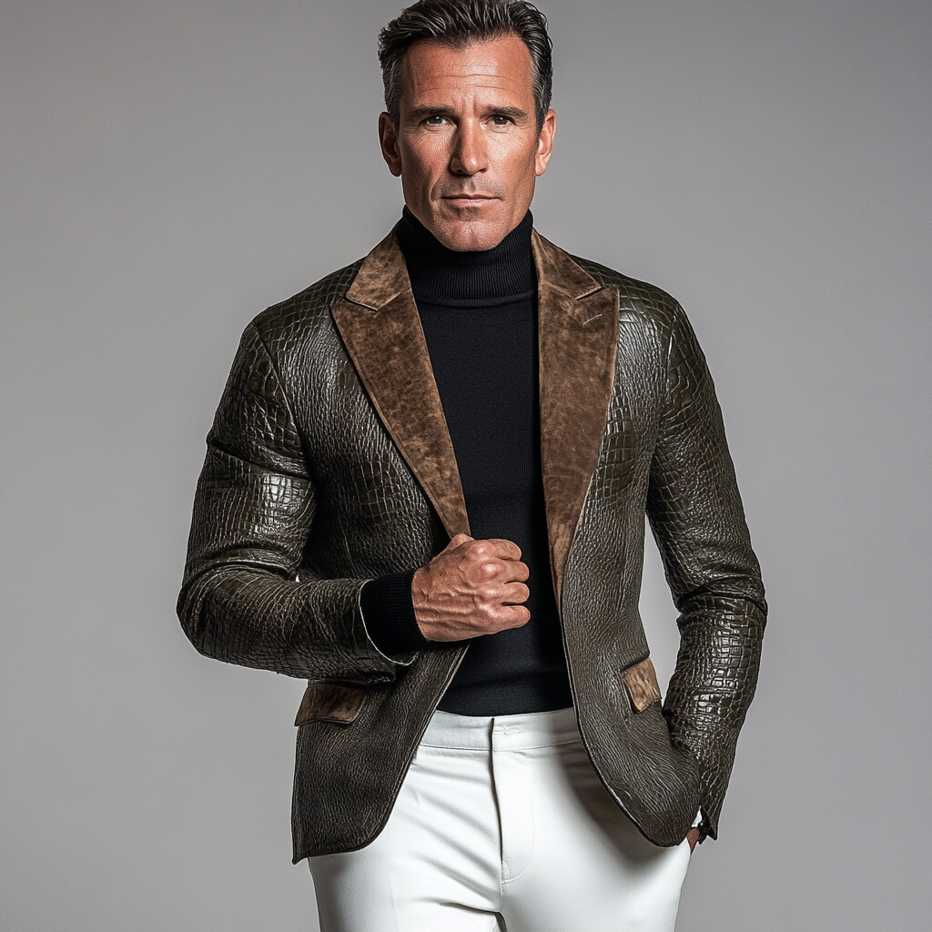 Men's Retro Peak Lapel Patchwork Alligator Pattern PU Leather Blazer