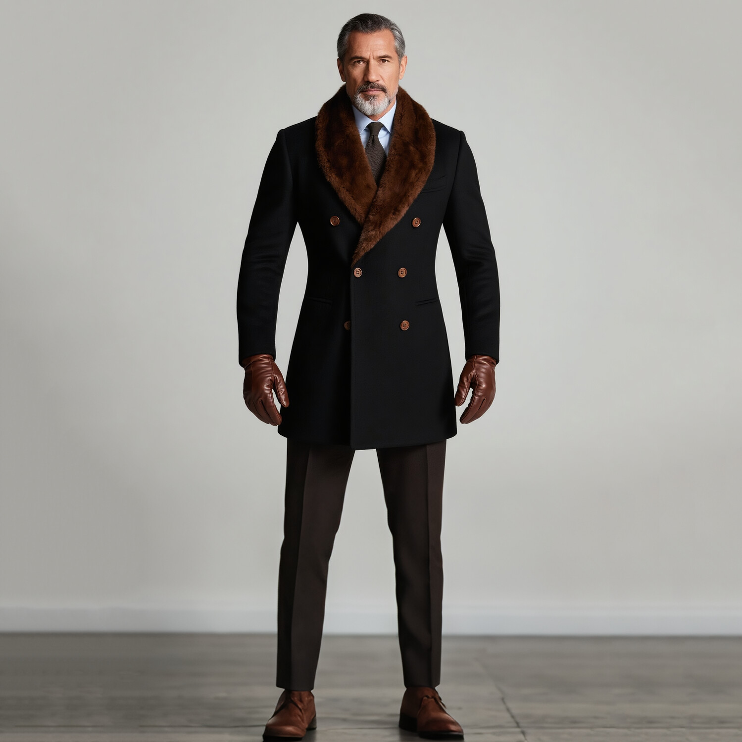 Men's Business Furry Shawl Lapel Double Breasted Long Sleeve Windproof Fur Collar Overcoat