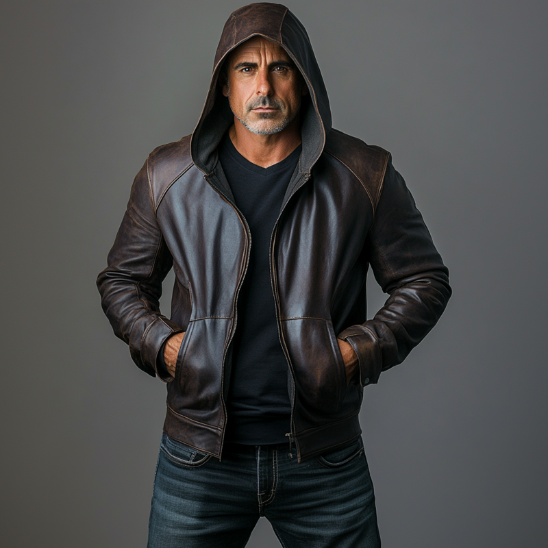 Men's PU Leather Slant Pocket Zipper Long Sleeve Hooded Jacket