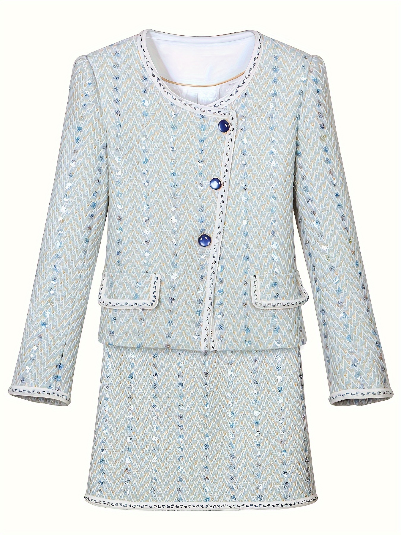 Women’s Elegant Striped Polyester Tweed Two-Piece Suit