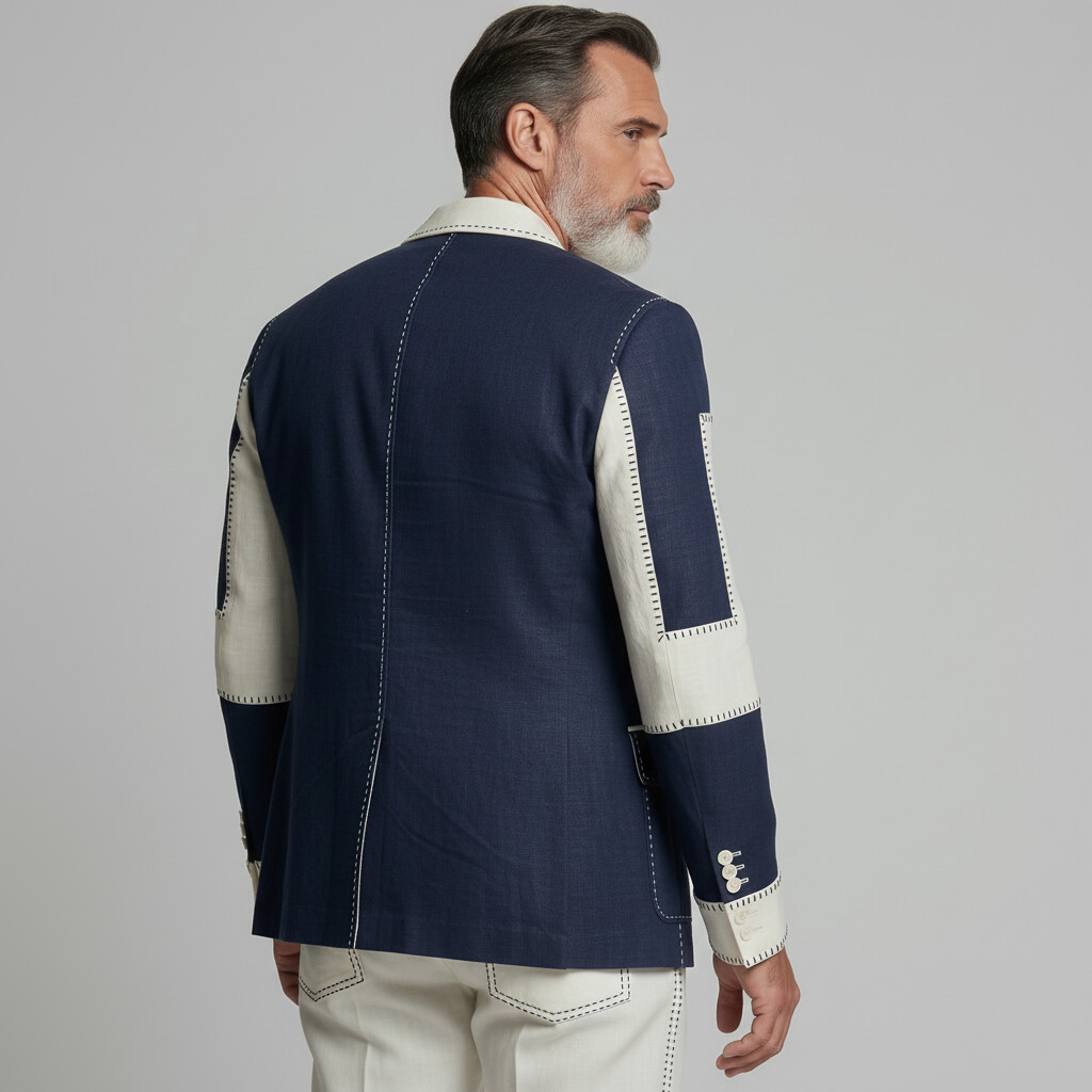 Men's Business Casual Peak Lapel Double Breasted Colorblock Stitch Linen Blazer