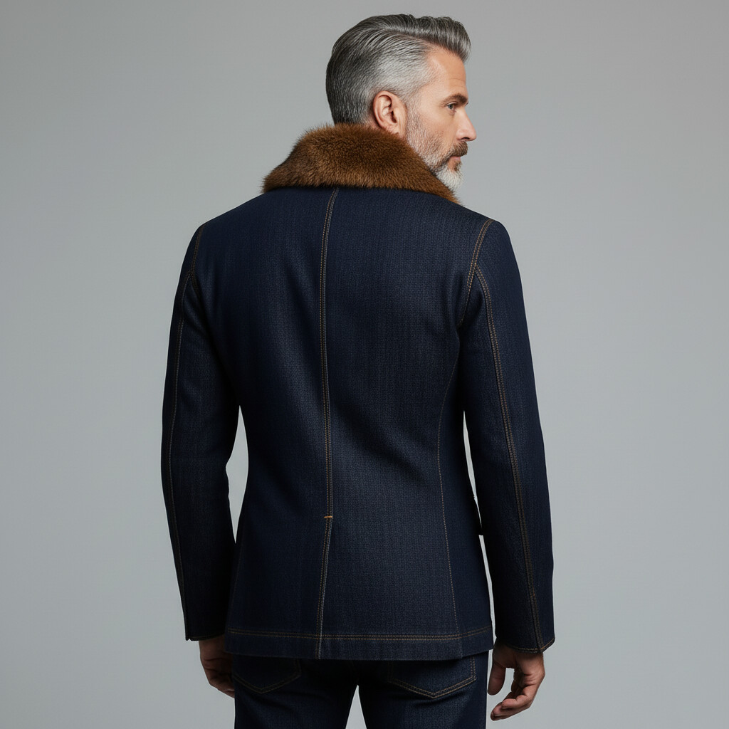 Men's Navy Blue Furry Collar Double Breasted Long Sleeve Denim Blazer