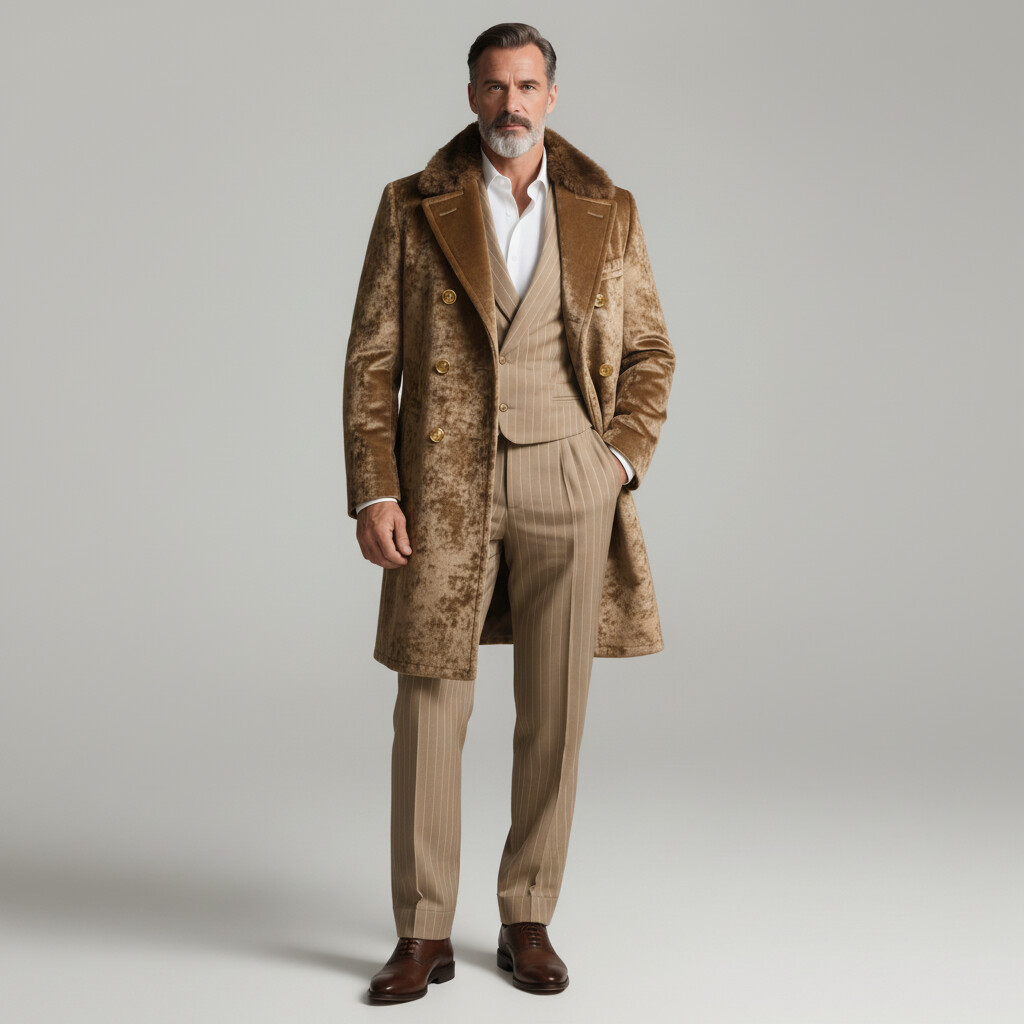 Men's Khaki Furry Collar Long Sleeve Double Breasted Mid-Length Velvet Overcoat