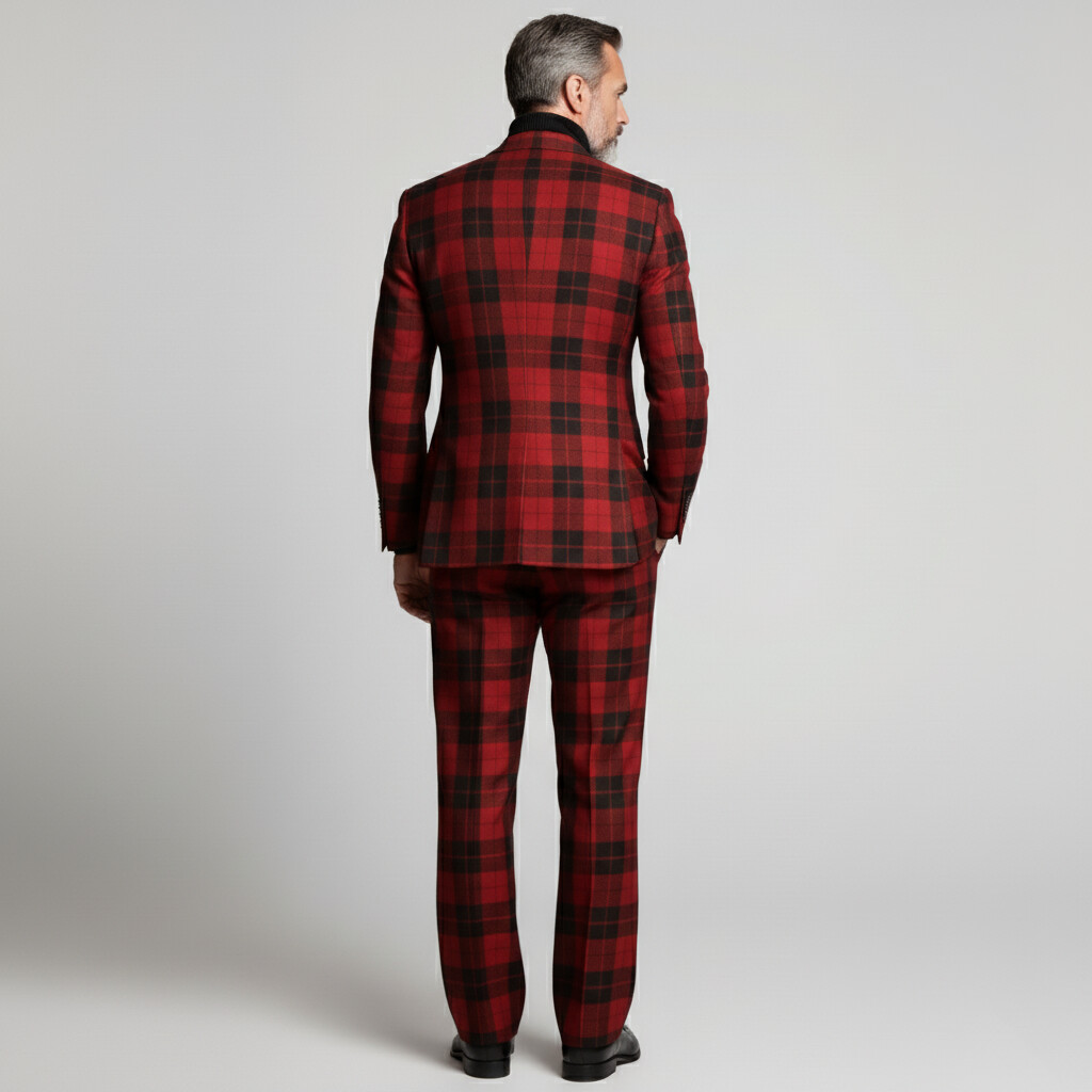 Men's Business Red Peak Lapel Button Long Sleeve Plaid Blazer & Pants 2Pcs Set