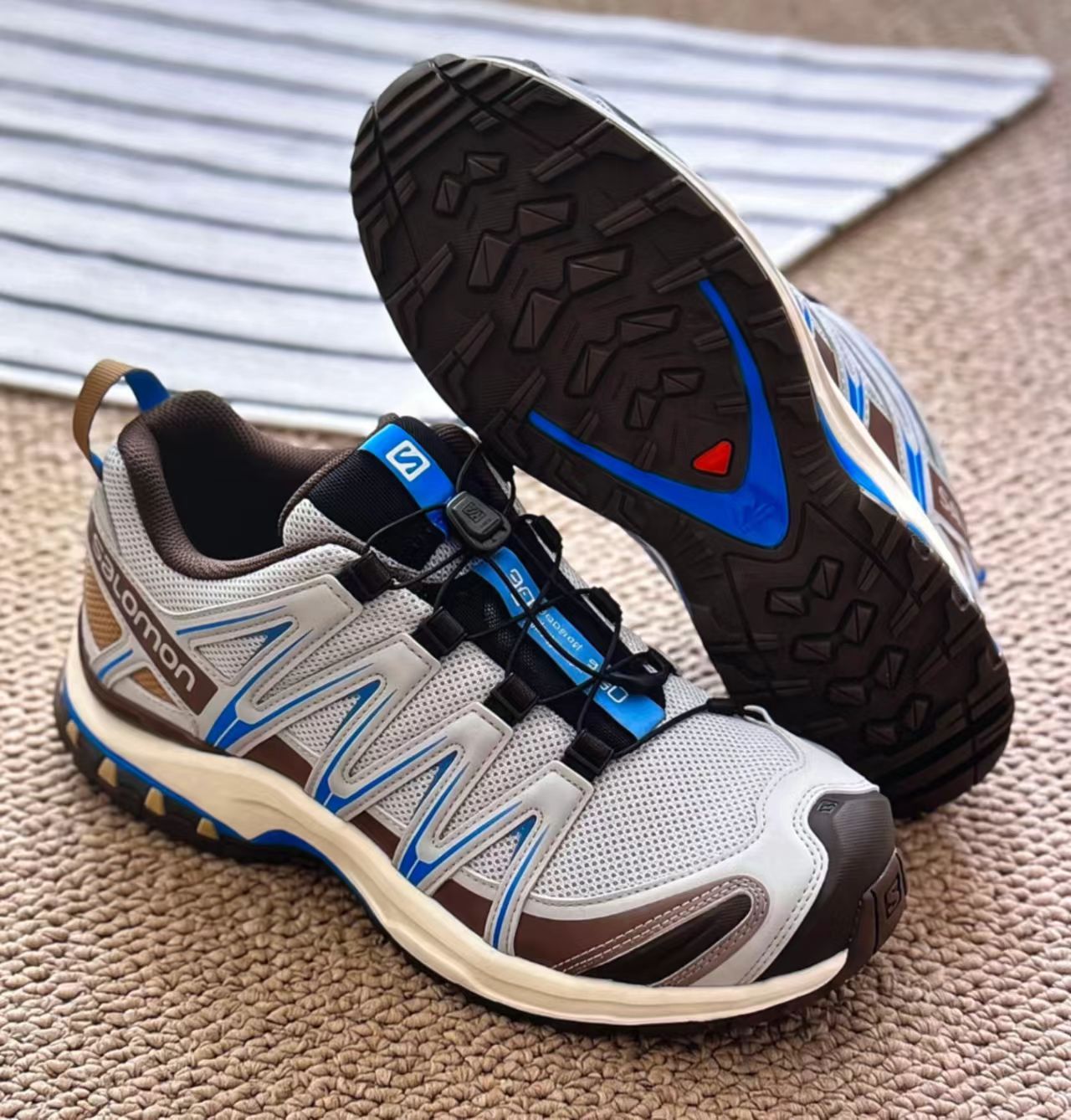 Salomon XA Pro 3D White Brown Blue Mesh Hiking Shoes