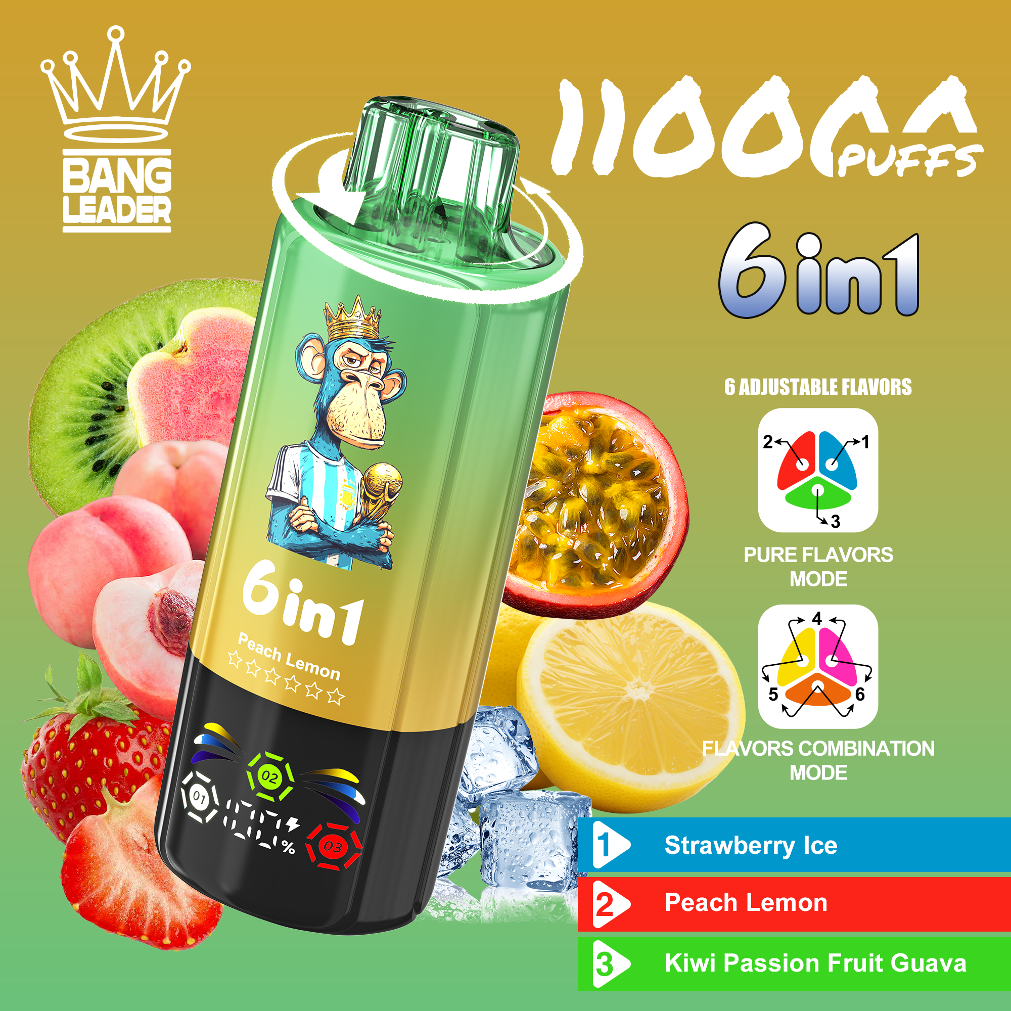[Minimum order of two]Bang Leader 110K Puffs 6-in-1 Prefilled  Vape | 6 Flavors in 1 Device,  Rechargeable, 3%/5%