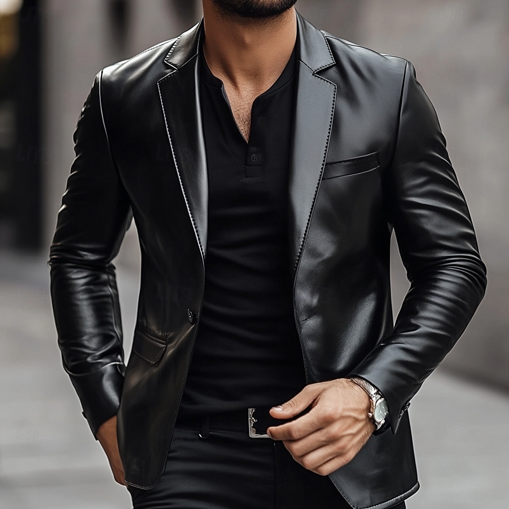 Men's Business Notched Lapel One Button PU Leather Blazer