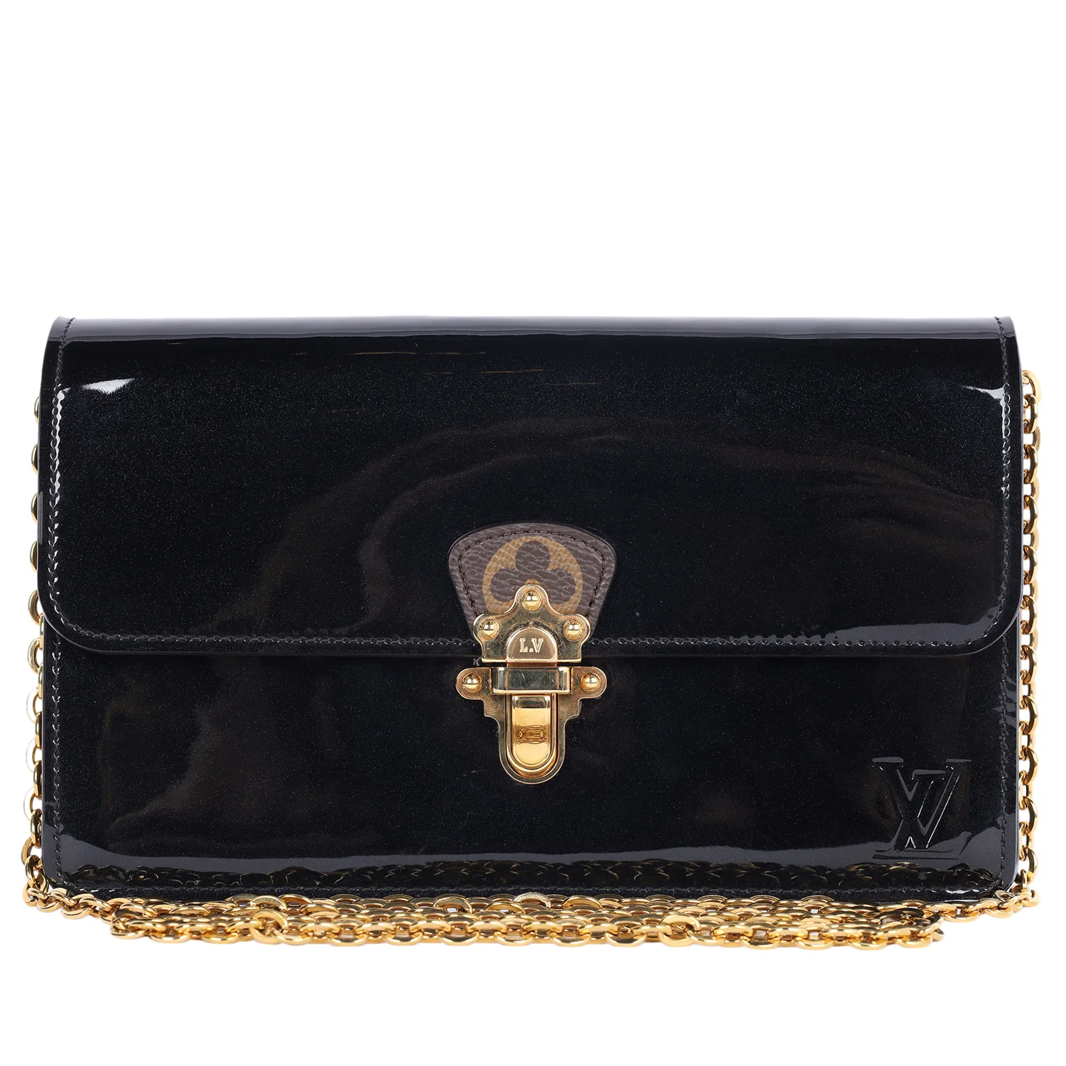 Patent Calfskin Leather Monogram Cherrywood Chain Wallet Black