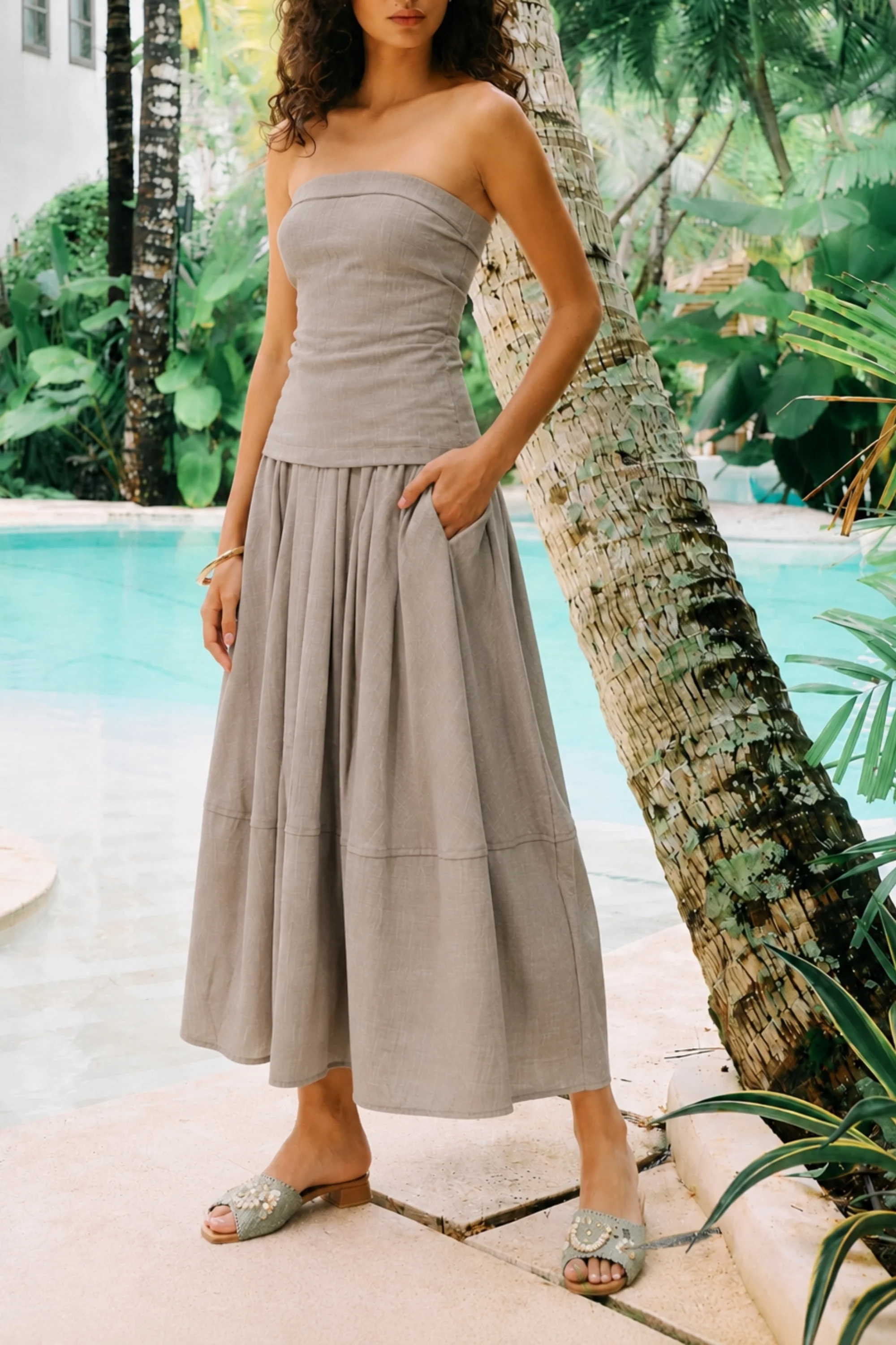 Beige Bandeau Linen Top & Skirt Set
