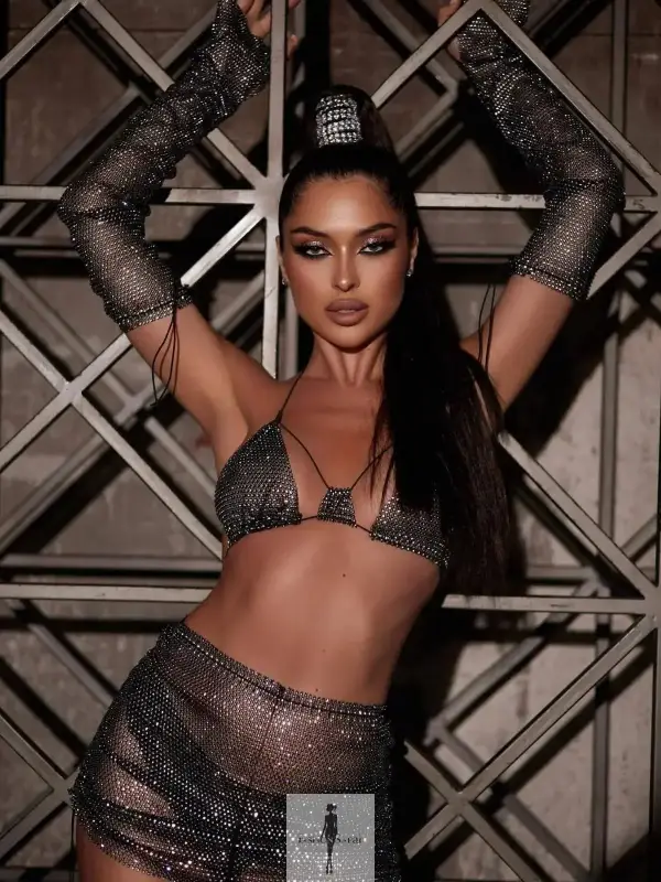 Rhinestone Women Top with Mini Skirt and Arm Cuff