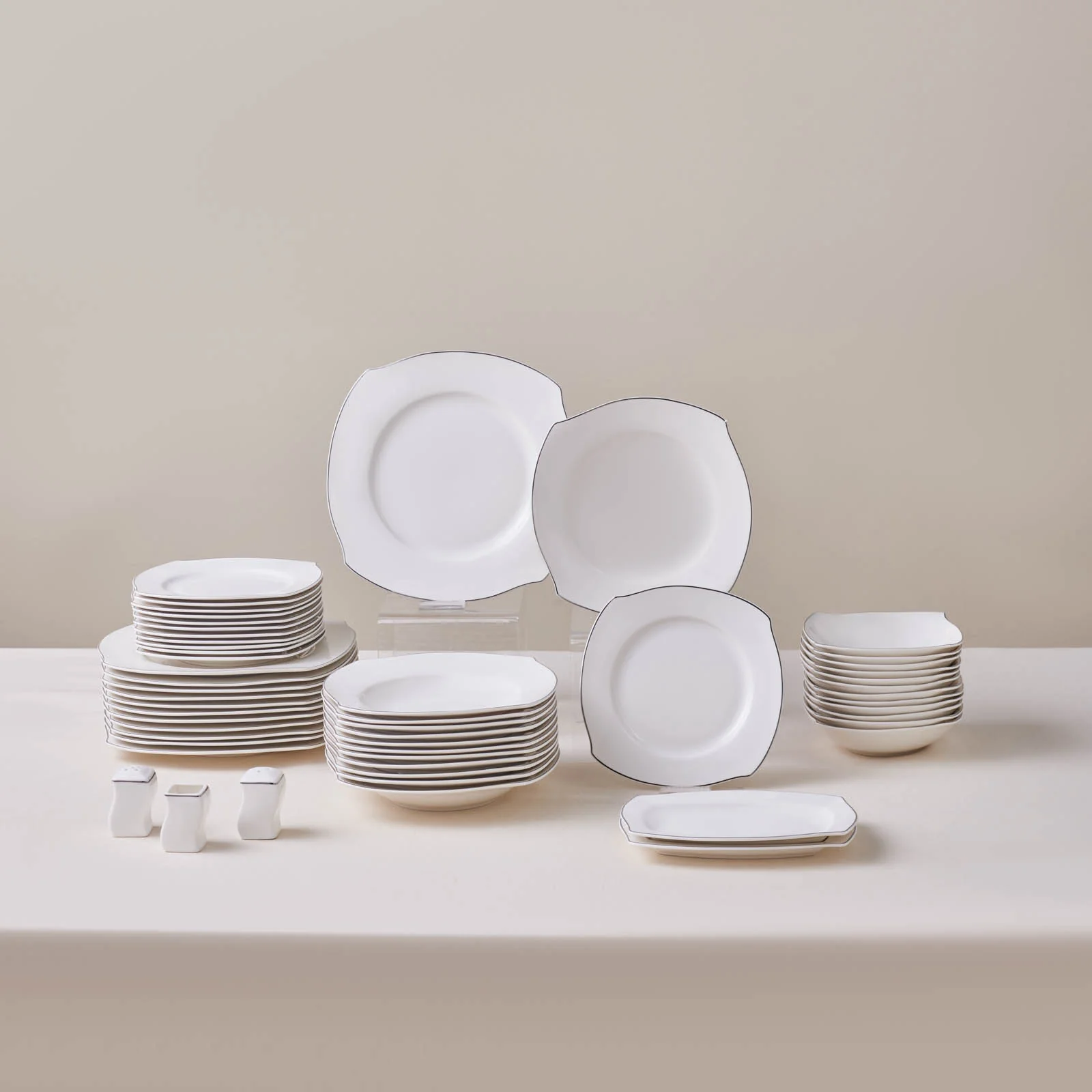 Karaca Square Bone Eterno Service de Table 53 pièces pour 12 personnes Platine