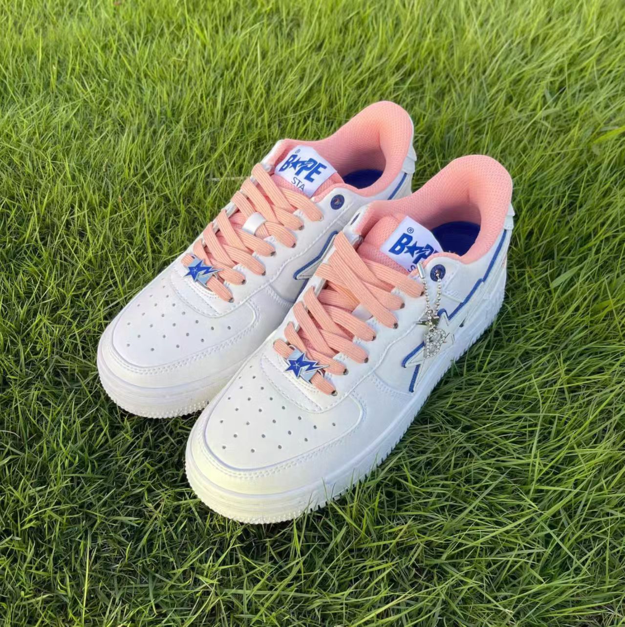 A Bathing Ape Bape Sta Low White Pink Blue Outline Leather