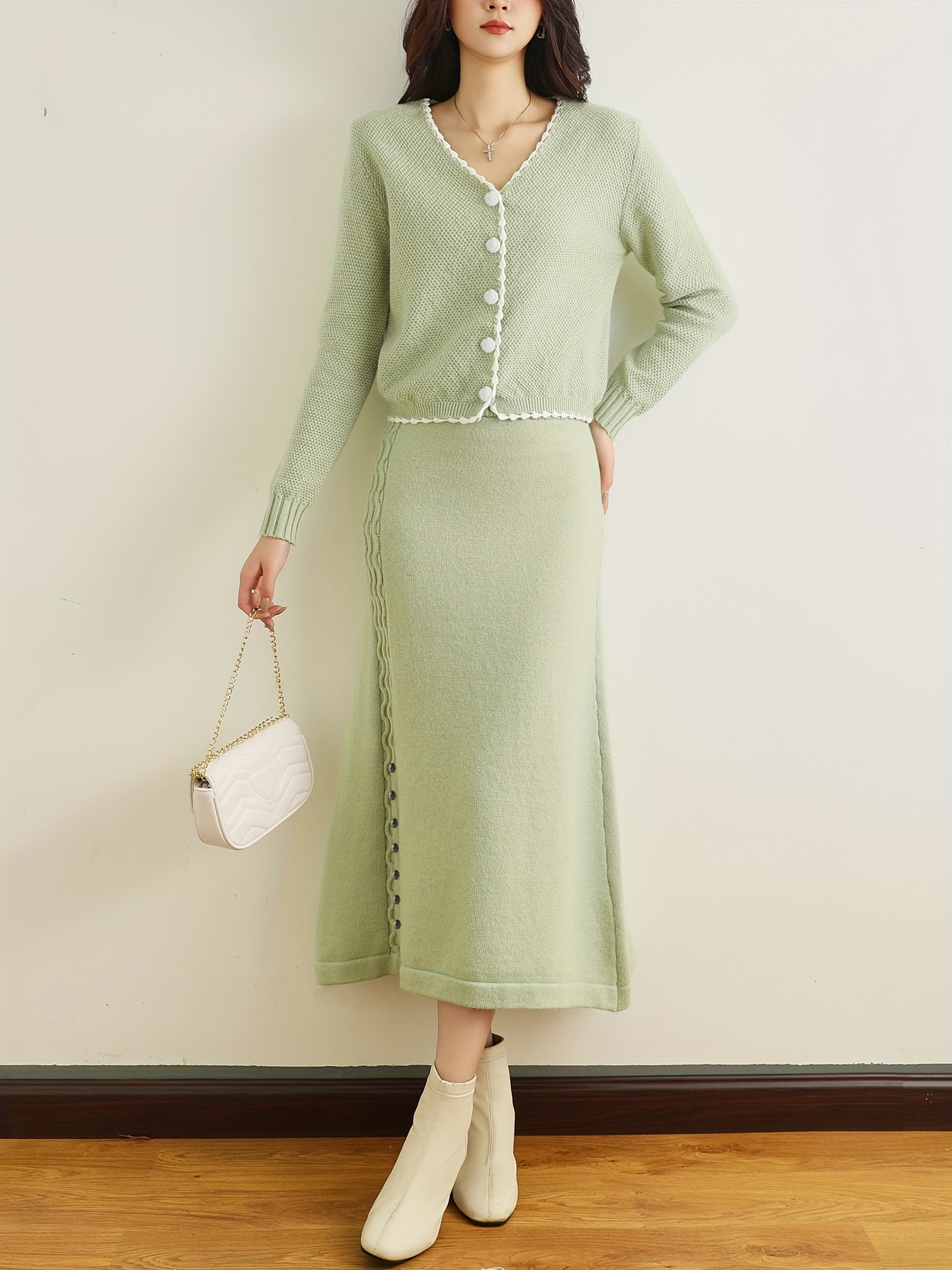 Westvitt Two-Piece Suit – Stylish Green Sweater Jacket and Short Skirt Combo
