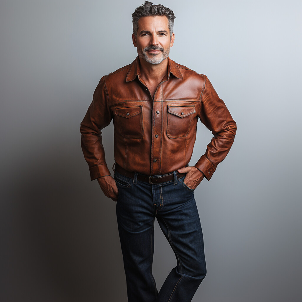 Men's Retro Long Sleeve Single Breasted PU Leather Shirt