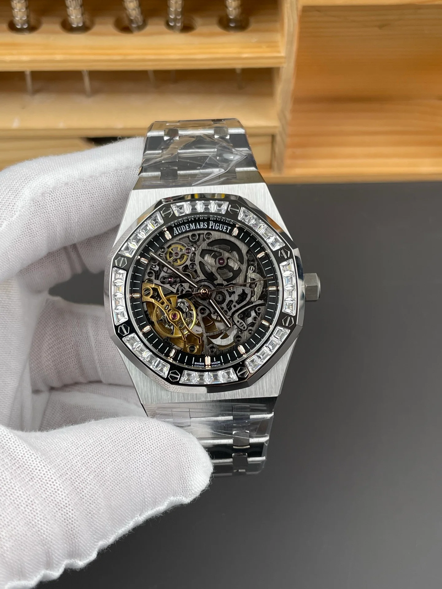 Royal Oak 15412 Square Diamond Bezel White Skeleton