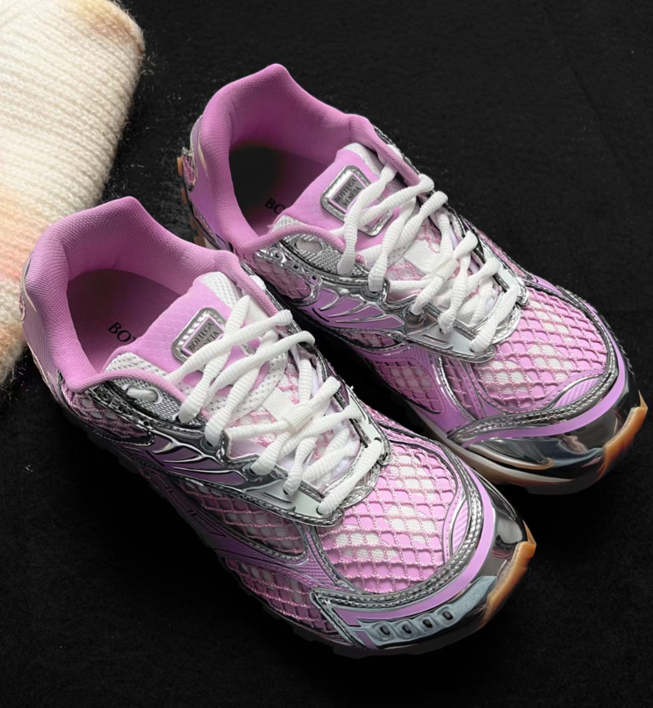Bottega Veneta Orbit Sneakers Pink Mesh and Silver Leather