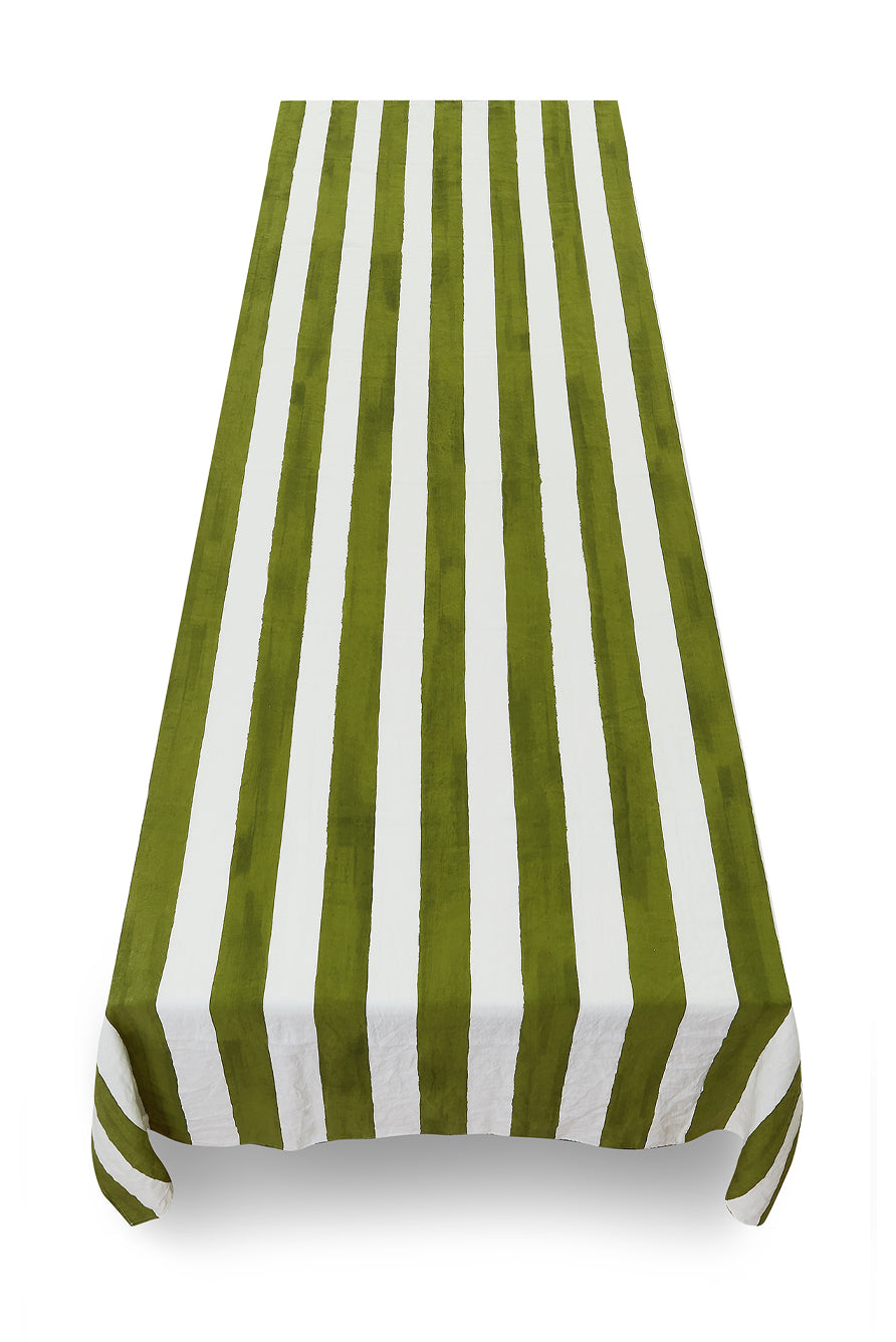 Rectangular Striped Linen Tablecloth – Sage Green & White Pattern for Dining Room & Patio