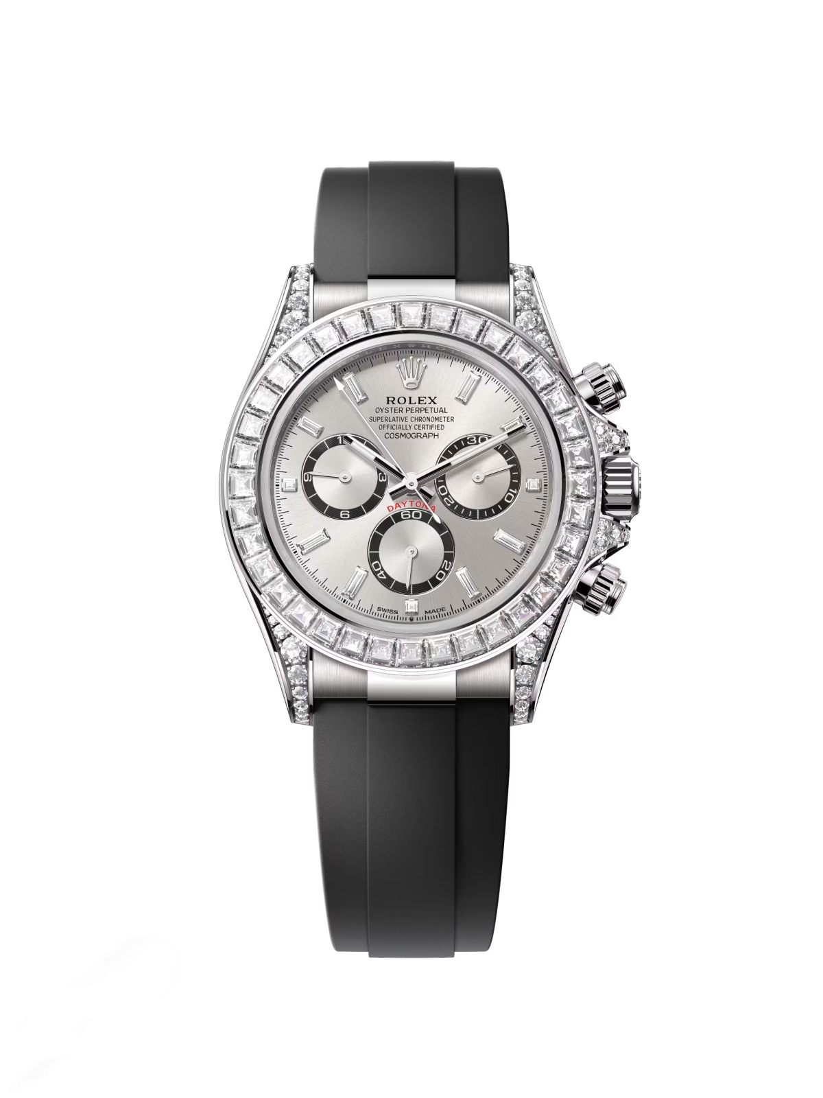 [2026 Mirror Grade]Rolex Cosmograph Daytona 40mm White Gold Diamond Baguette Silver Dial Diamond Bezel Oysterflex - 126539TBR