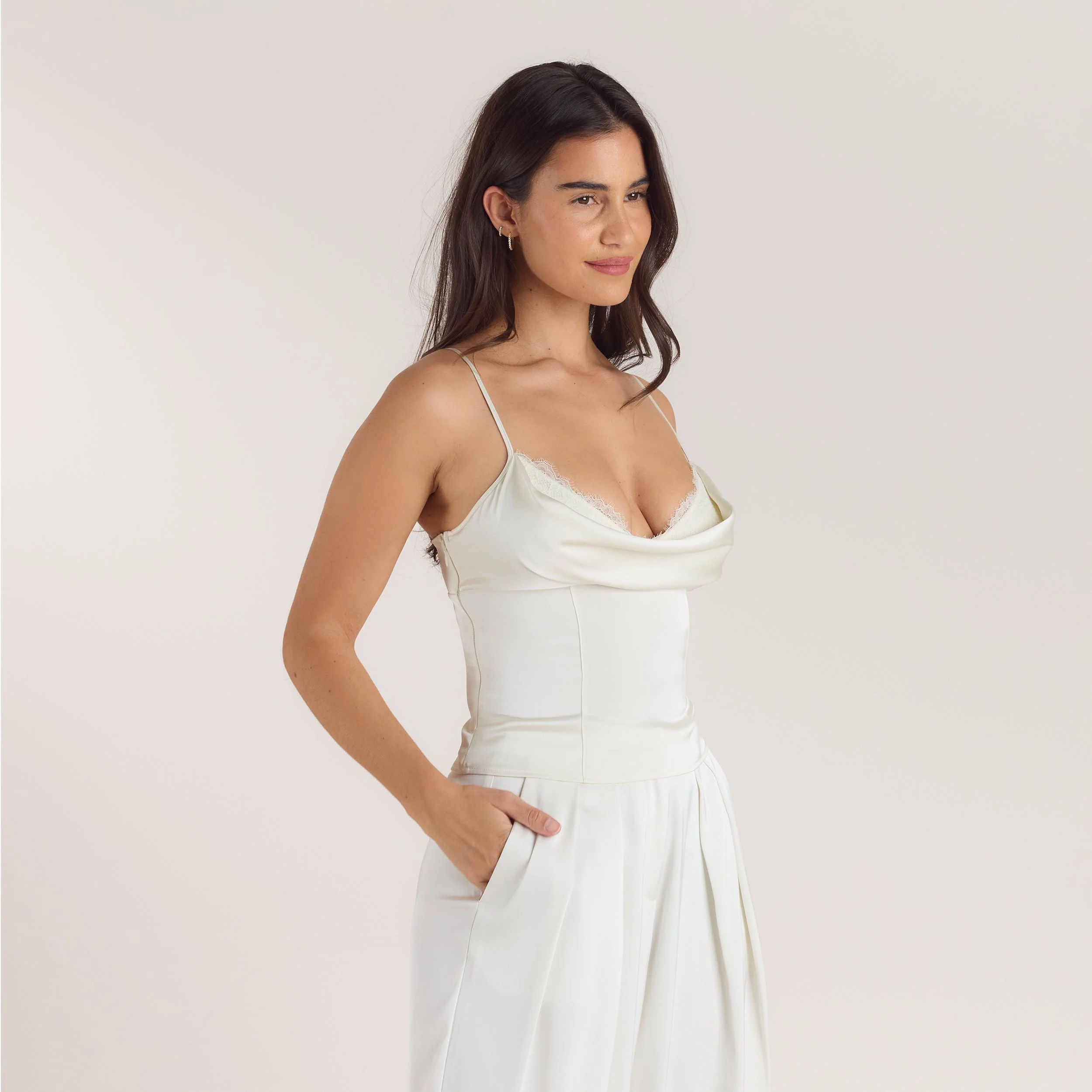 Satin Cowl Neck Cami Top - Cream