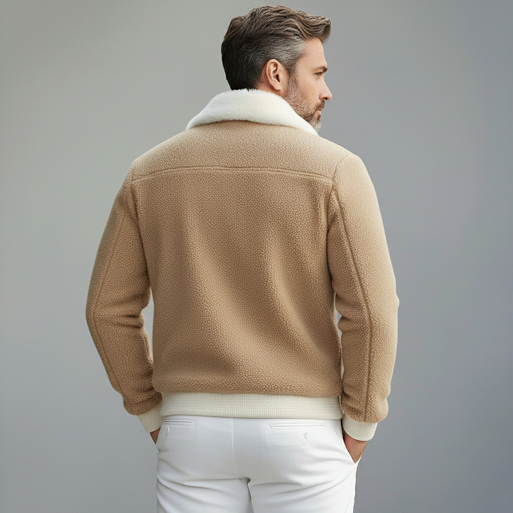 Men's Camel Furry Collar Long Sleeve Pockets Sherpa Zip-Up Jacket