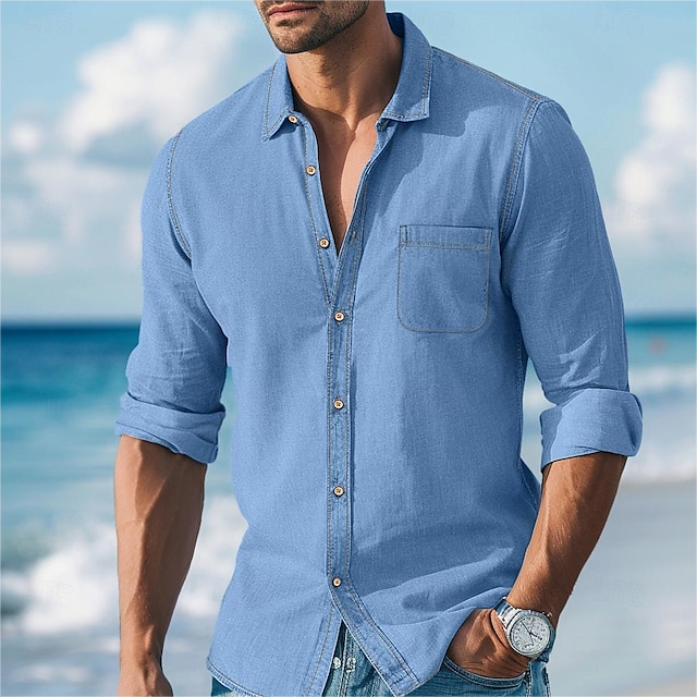 Men's Retro Turndown Collar Button Denim Long Sleeve Shirt