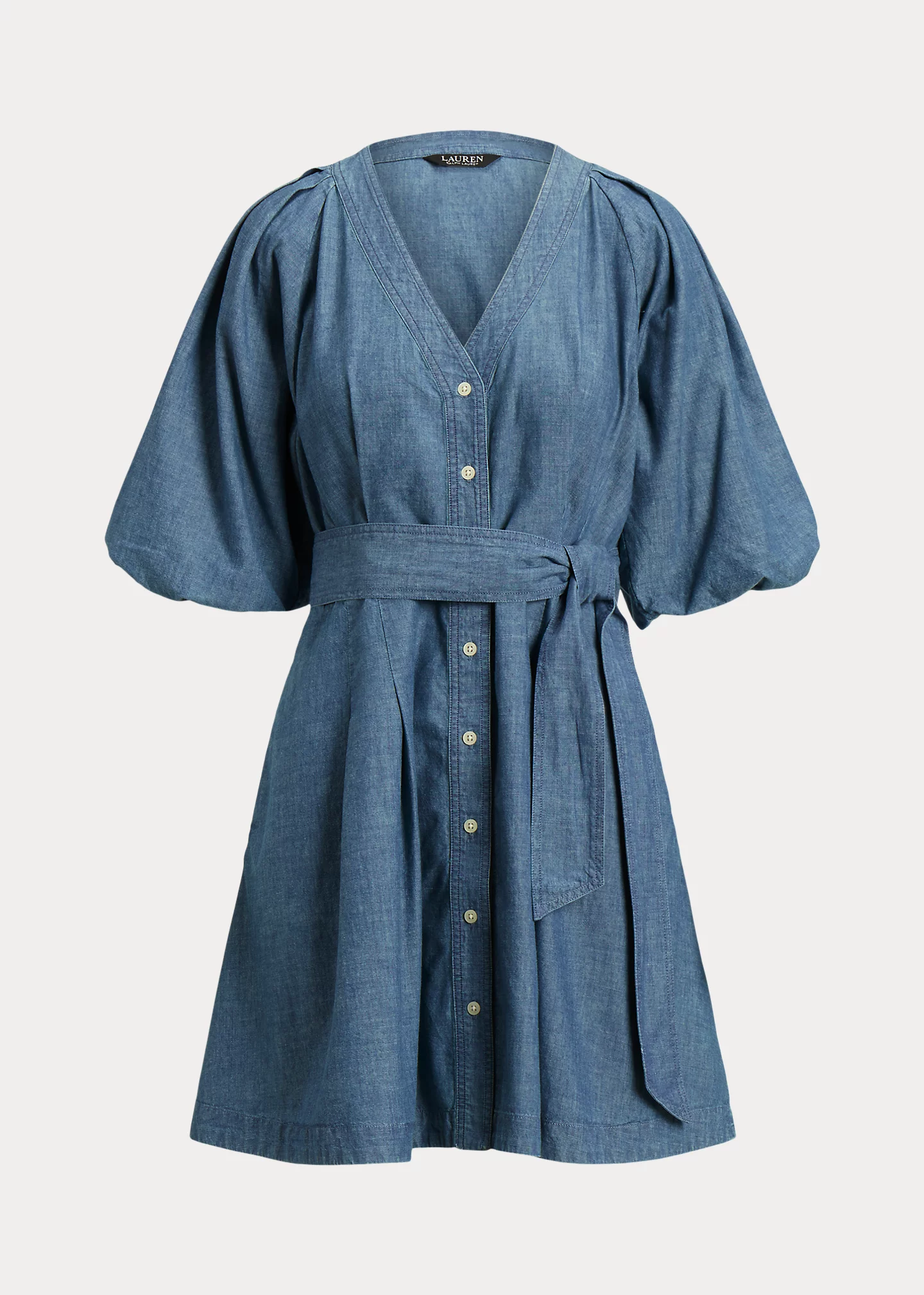 Belted Denim Bubble-Sleeve Shirtdress