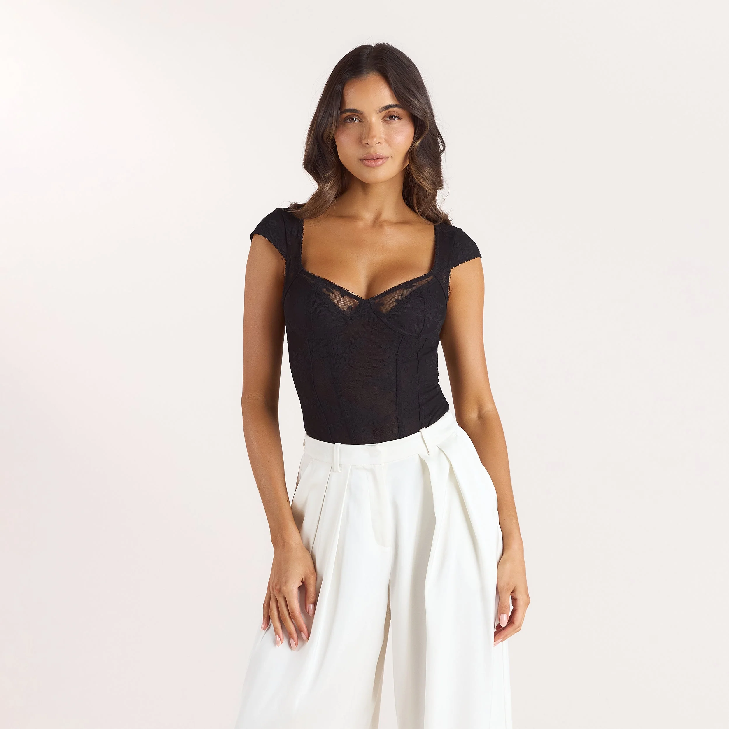 Cap-Sleeve Lace Bodysuit - Black