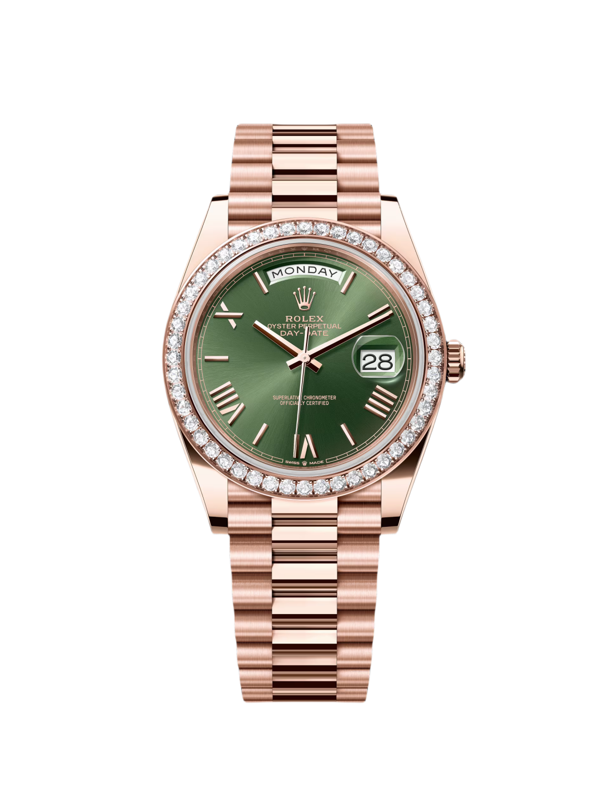 [2026 Mirror Grade]RLX   President 40mm Everose Gold Olive Green Roman Dial Diamond Bezel - 228345RBR