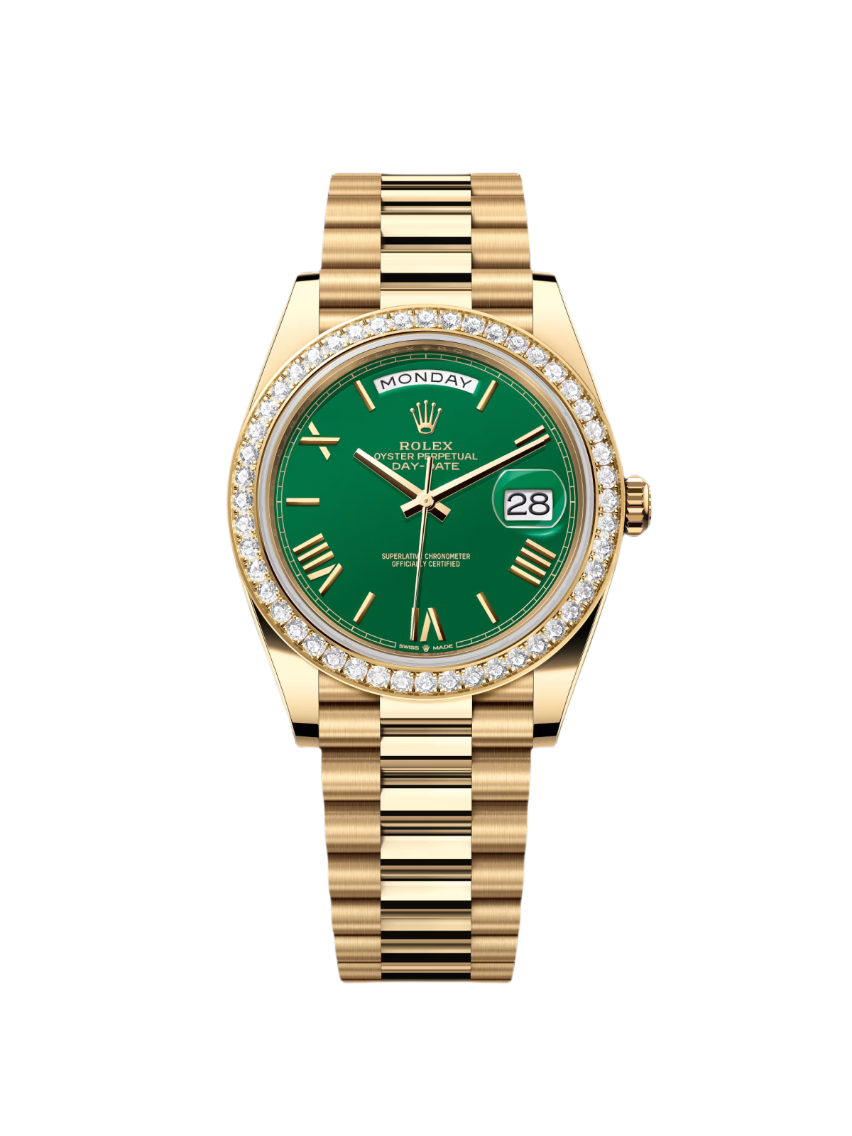 [2026 Mirror Grade]RLX  Day-Date President 40mm Yellow Gold Green Roman Dial Diamond Bezel - 228348rbr