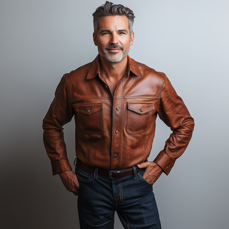 Men's Retro Long Sleeve Single Breasted PU Leather Shirt