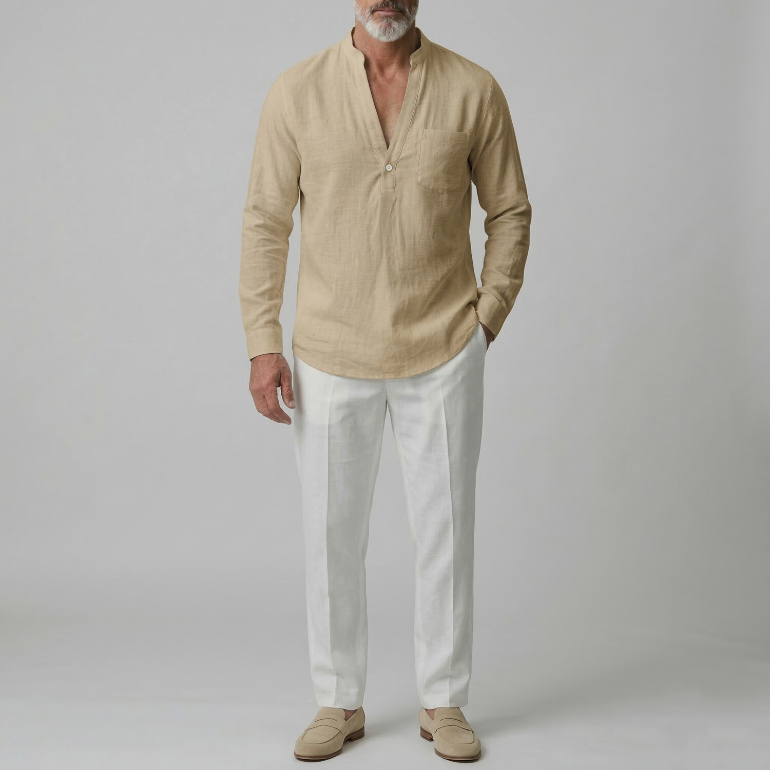 Men's Casual Solid V Neck Button Chest Pocket Long Sleeve Shirt