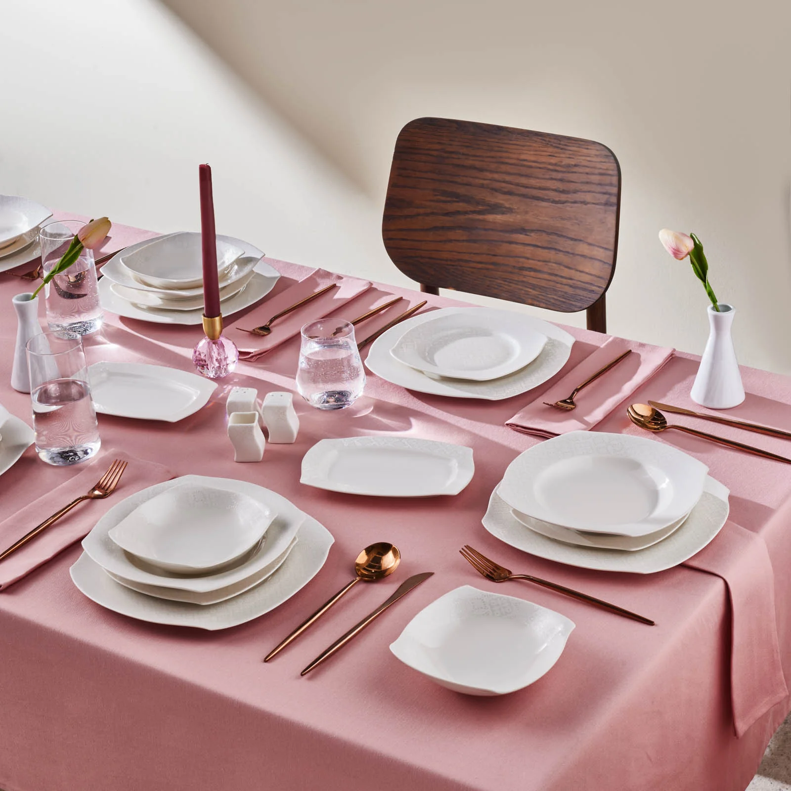 Karaca Square Bone Fancy, Service de Table 53 Pièces pour 12 Personnes